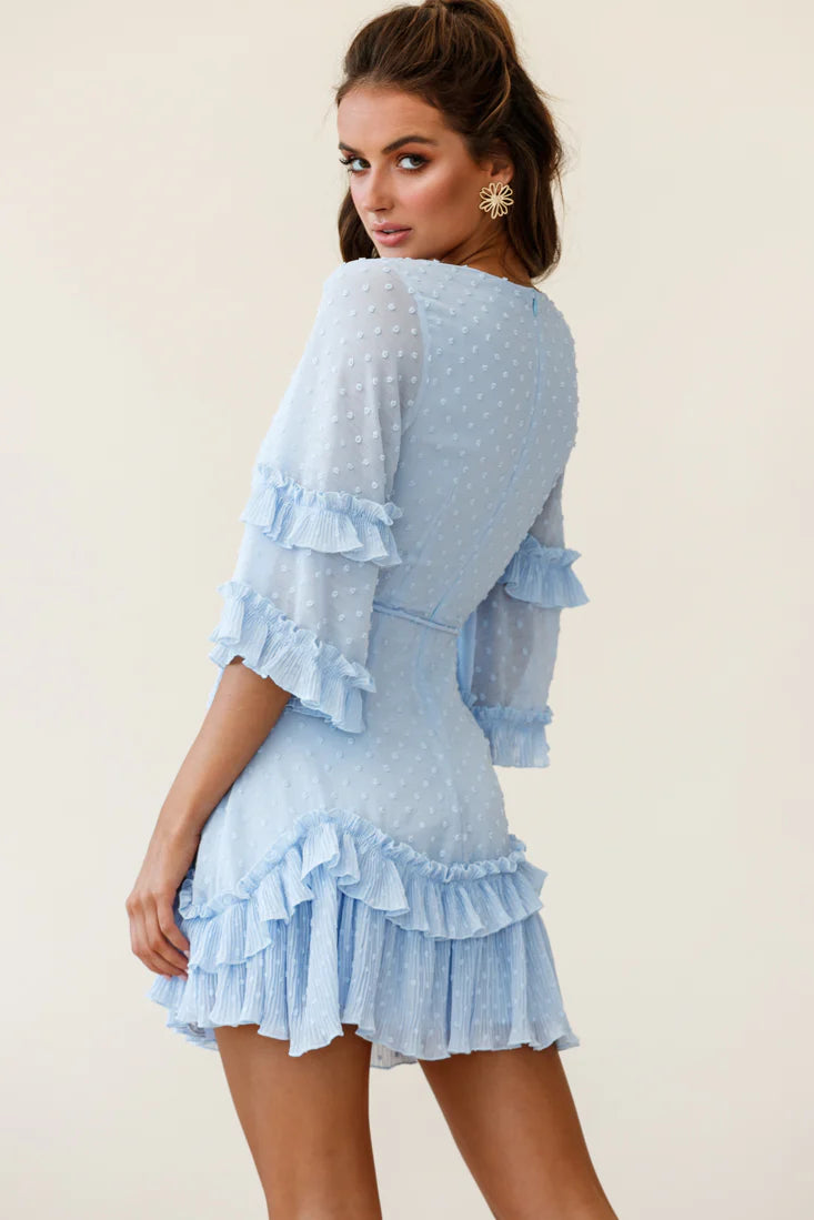 Erica Bell Sleeve Accordion Pleat Dress Hail Spot Baby Blue