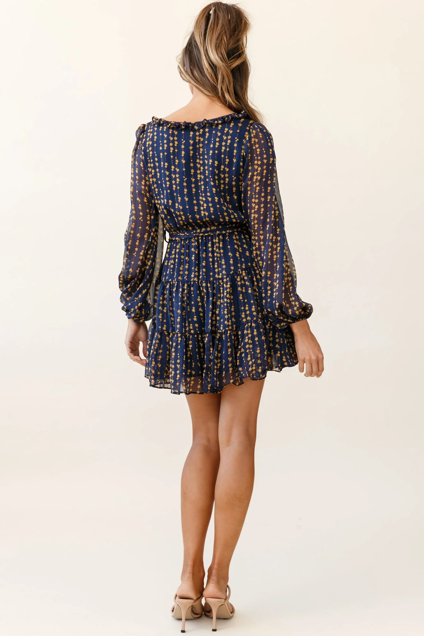 Floating On Clouds Long Sleeve Frill Trim Dress Floral Print Navy
