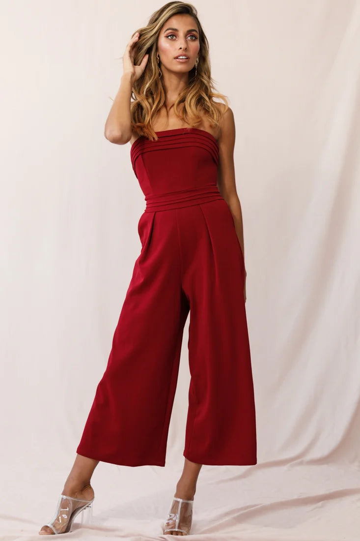 Chosen Strapless Wide Leg Jumpsuit Wine