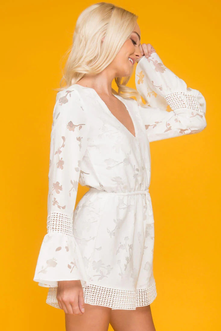Parker Bell Sleeve Floral Details Romper White