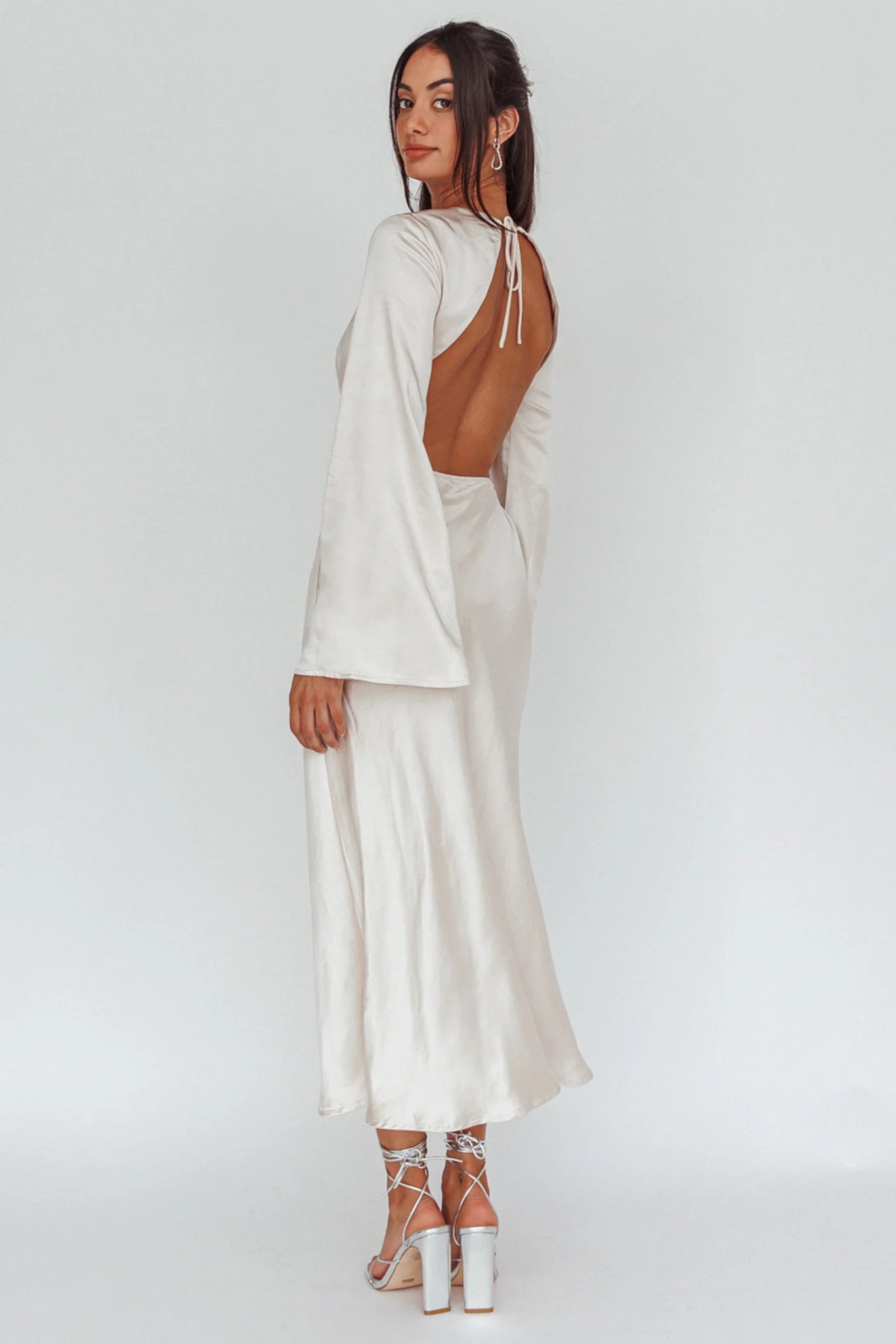 Doting Bell Sleeve Cut-Out Midi Dress Champagne