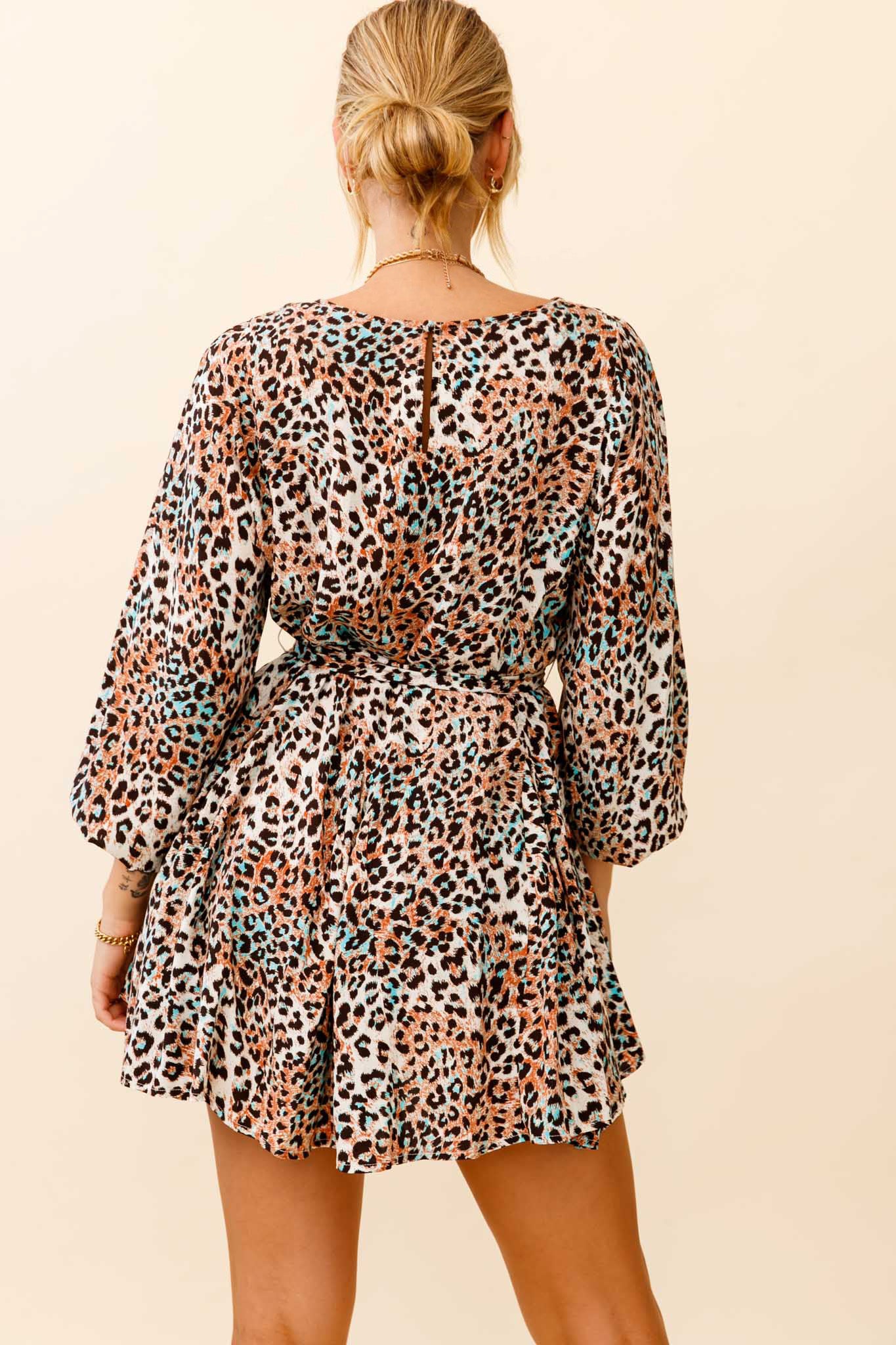 Drift Away Long Sleeve Godet Detail Dress Leopard Print Brown
