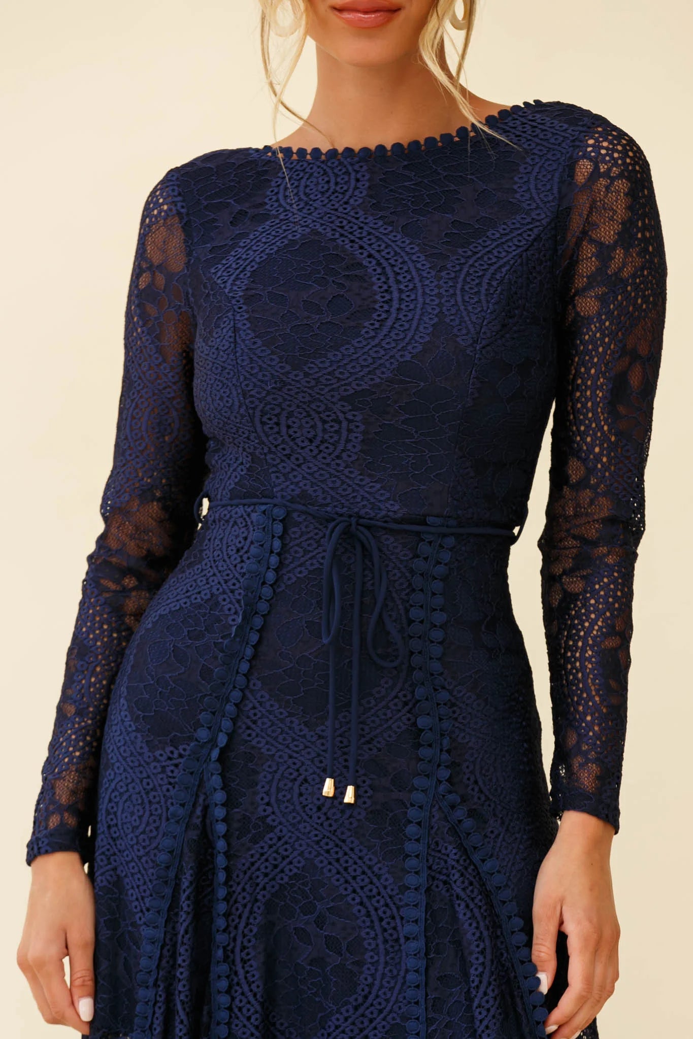 Palm Springs Long Sleeve Lace Overlay Maxi Dress Navy