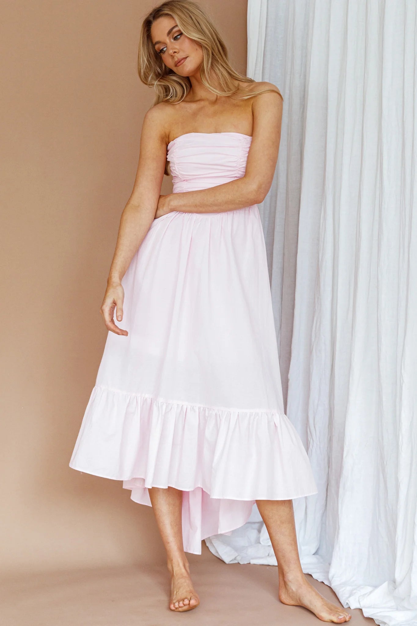 Sunday Mornings Ruched Bust Midi Dress Pink