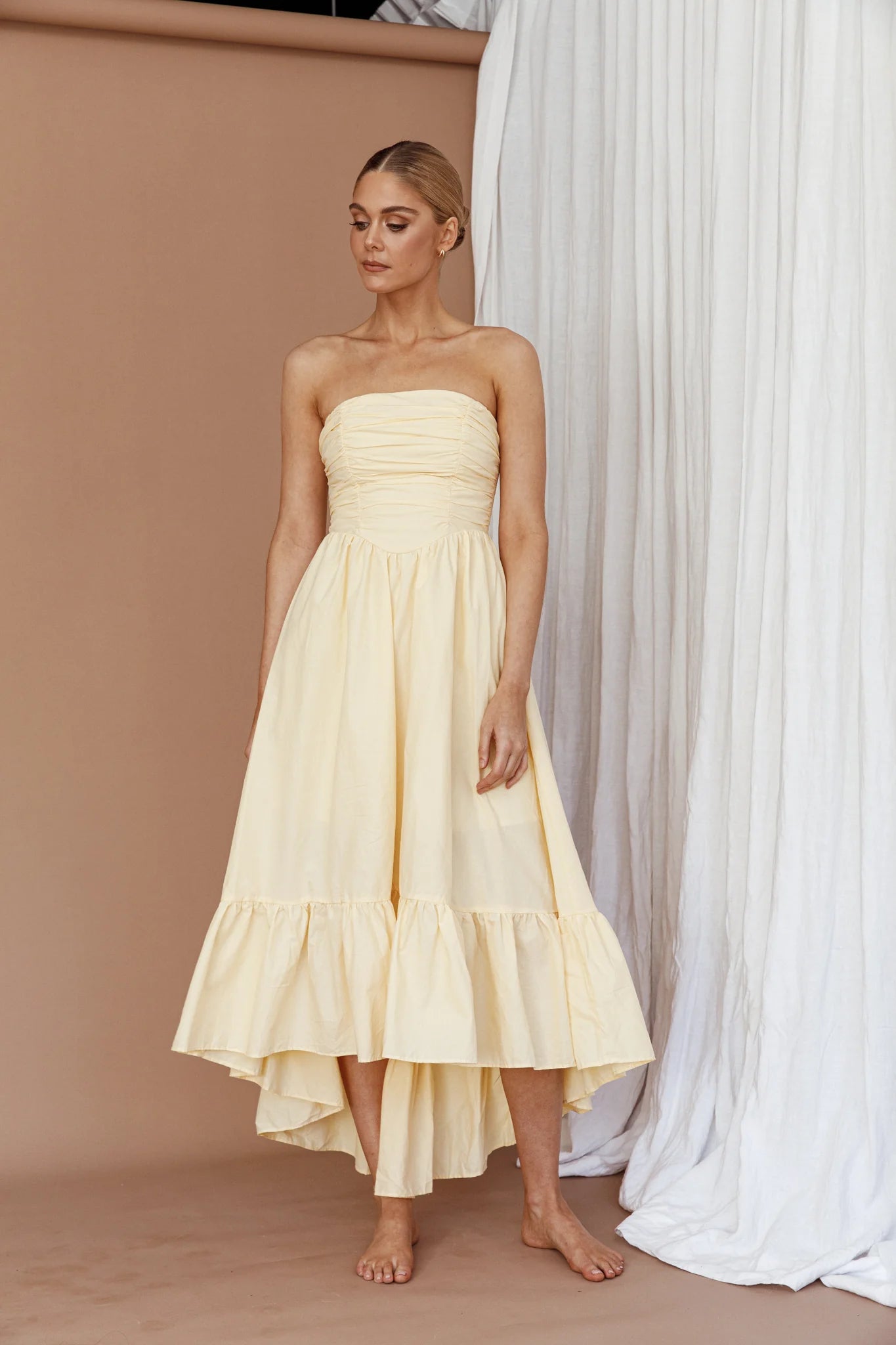 Sunday Mornings Ruched Bust Midi Dress Lemon