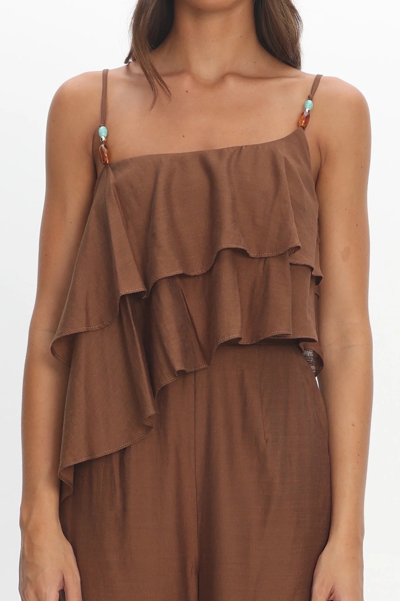 Darylyn Asymmetric Ruffle Jumpsuit Chocolate