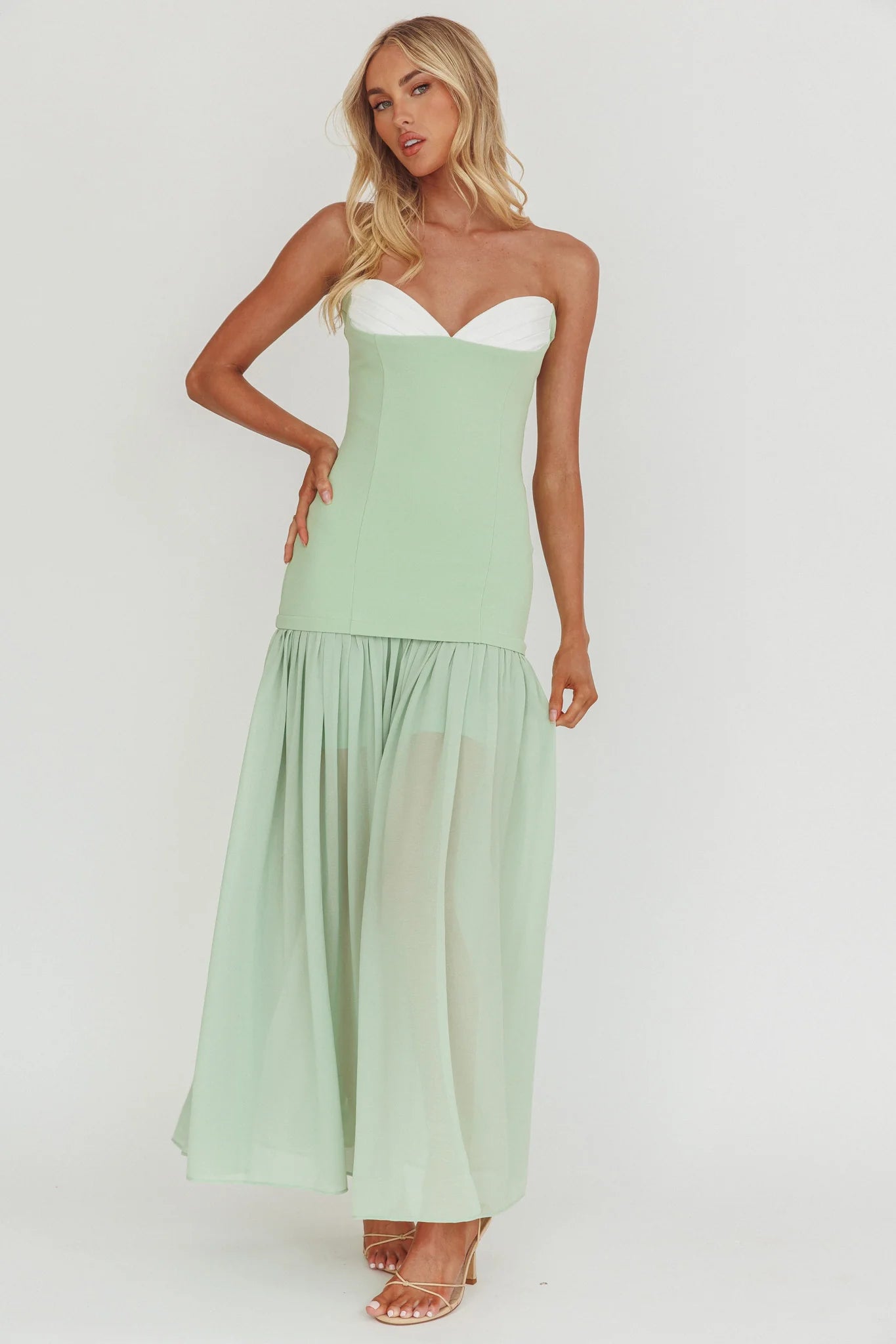 Unspoken Sweetheart Neckline Sheer Hem Maxi Dress Sage