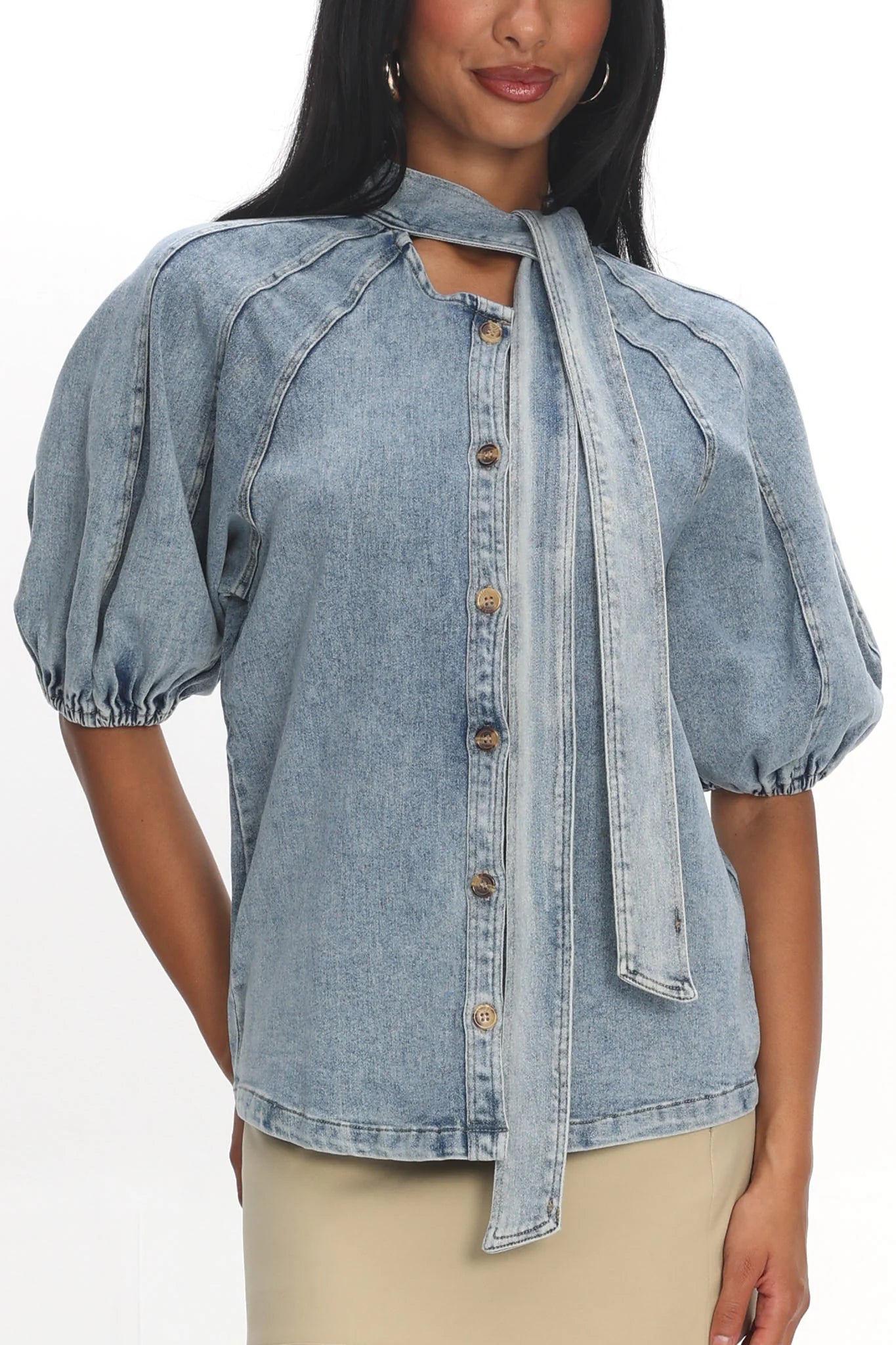 Notice Me Puff Sleeve Neck Bow Top Denim Blue