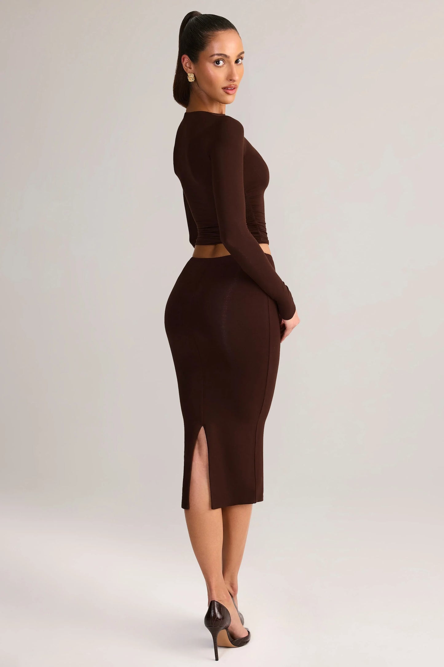 Modal Mid-Rise Pencil Midi Skirt in Chocolate Brown