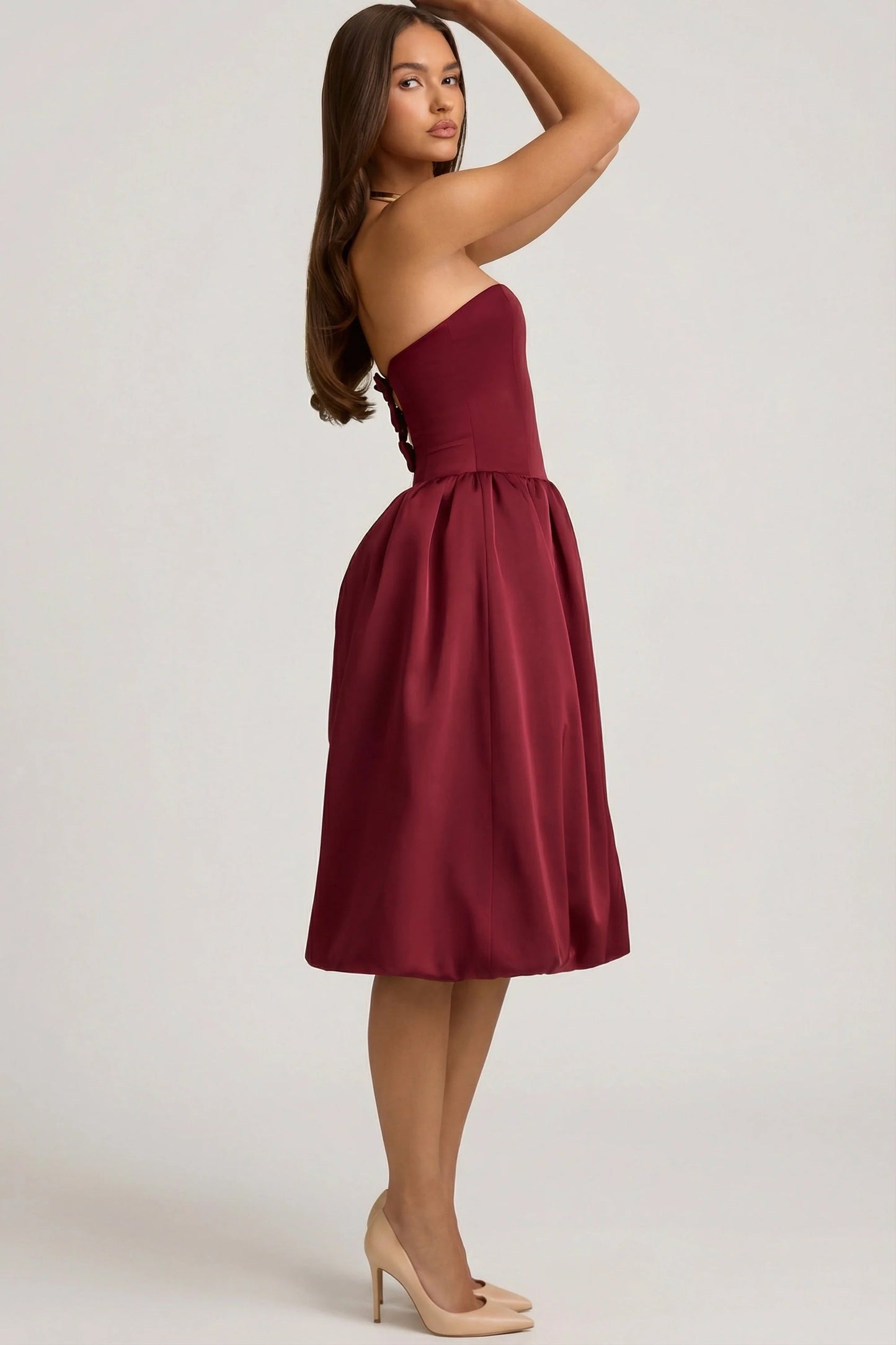 Convertible Bow-Detail Bubble Hem Midaxi Dress in Wine Red