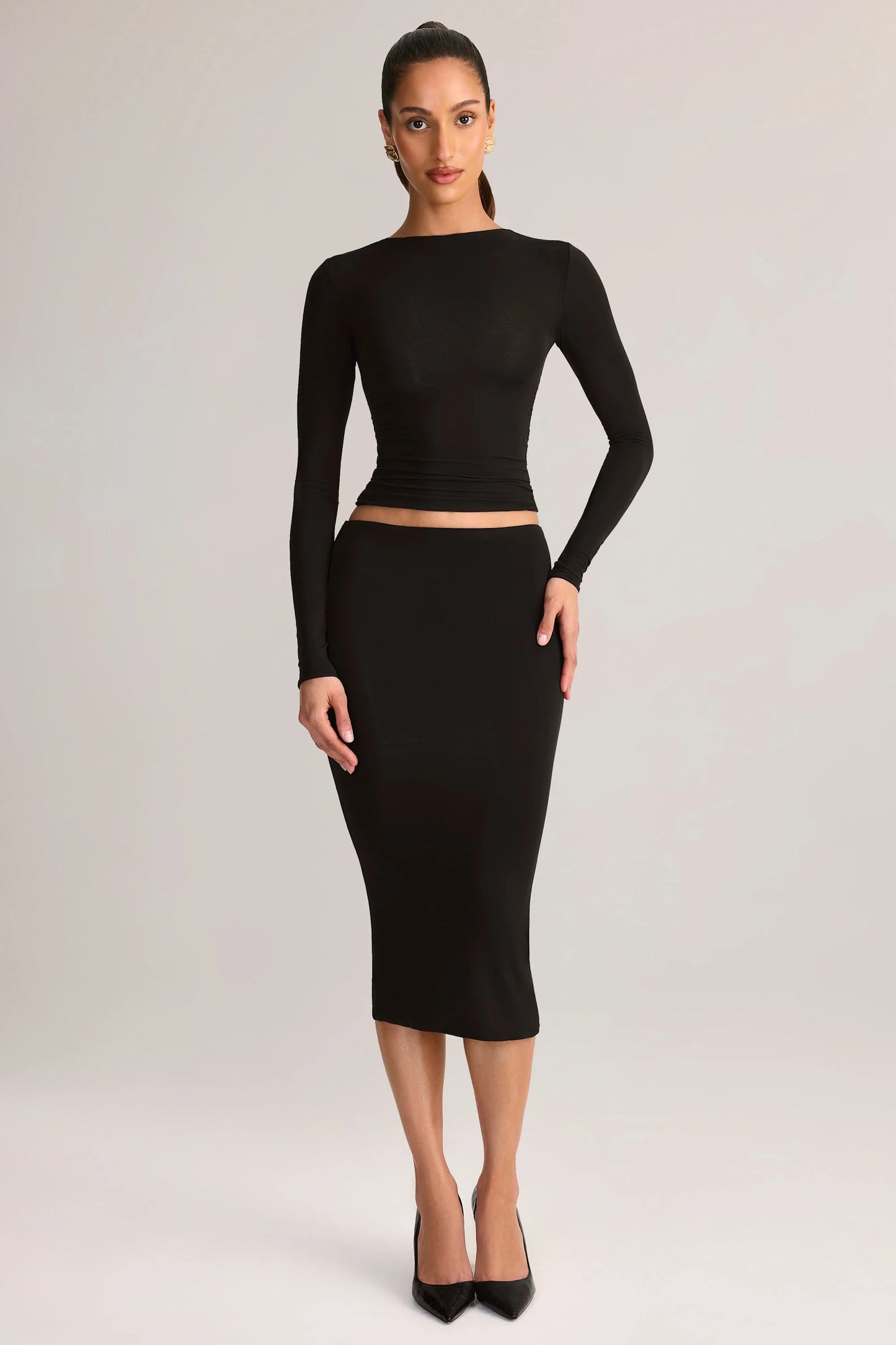 Modal Mid-Rise Pencil Midi Skirt in Black