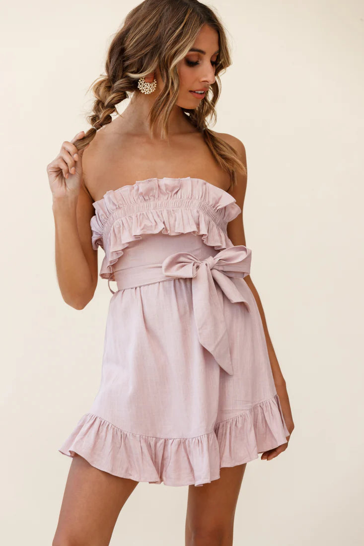Dream All Day Shirred Ruffle Feature Strapless Dress Blush