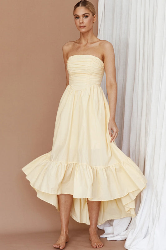 Sunday Mornings Ruched Bust Midi Dress Lemon