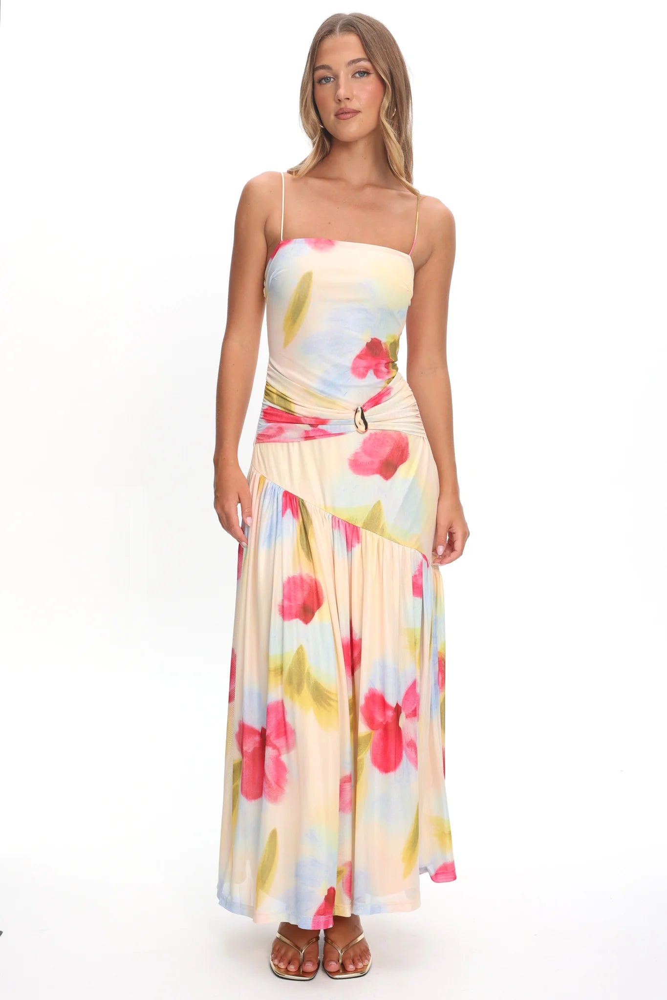 Azure Sun Drop Waist Split Maxi Dress Floral
