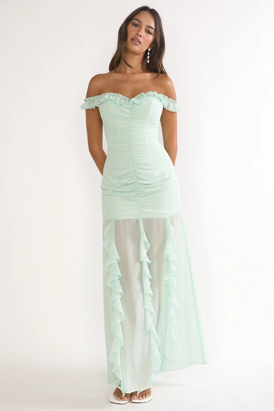 Fall In Love Off Shoulder Frill Maxi Dress Sage