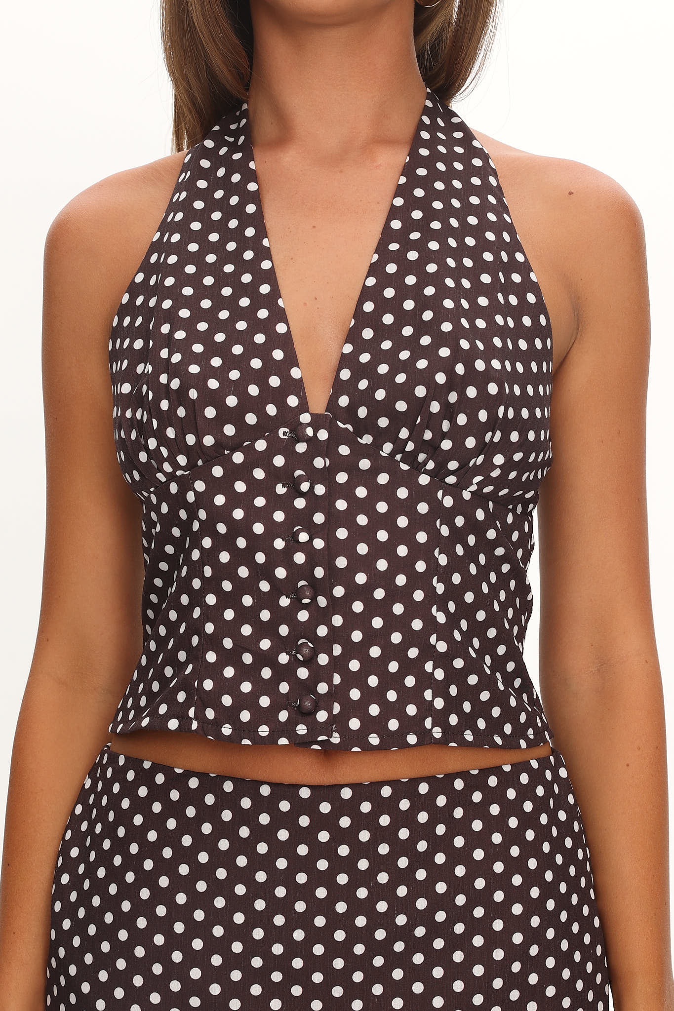 Sundrenched Button Halter Top Polka Dot Chocolate