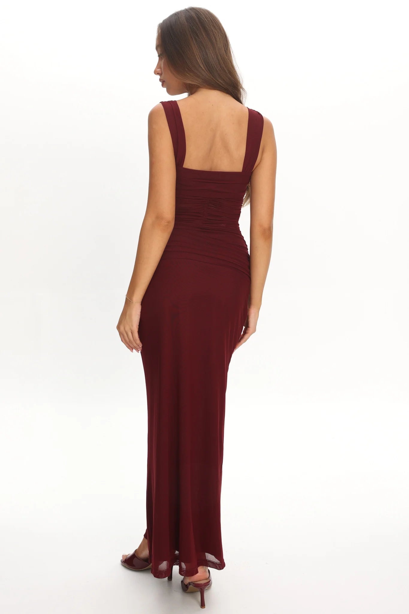 Emara Ruched Waist Sash Maxi Dress Burgundy