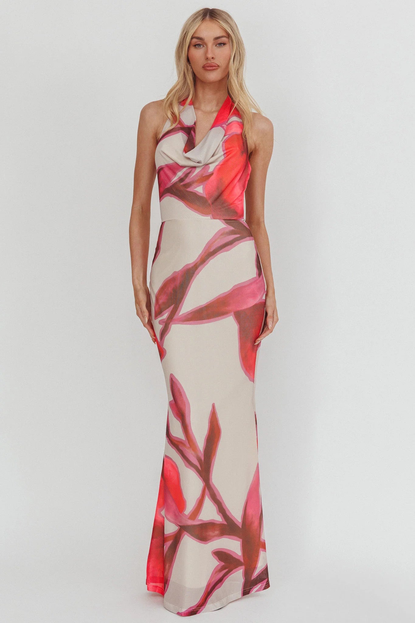 Outlier Cowl Halterneck Maxi Dress Print Beige