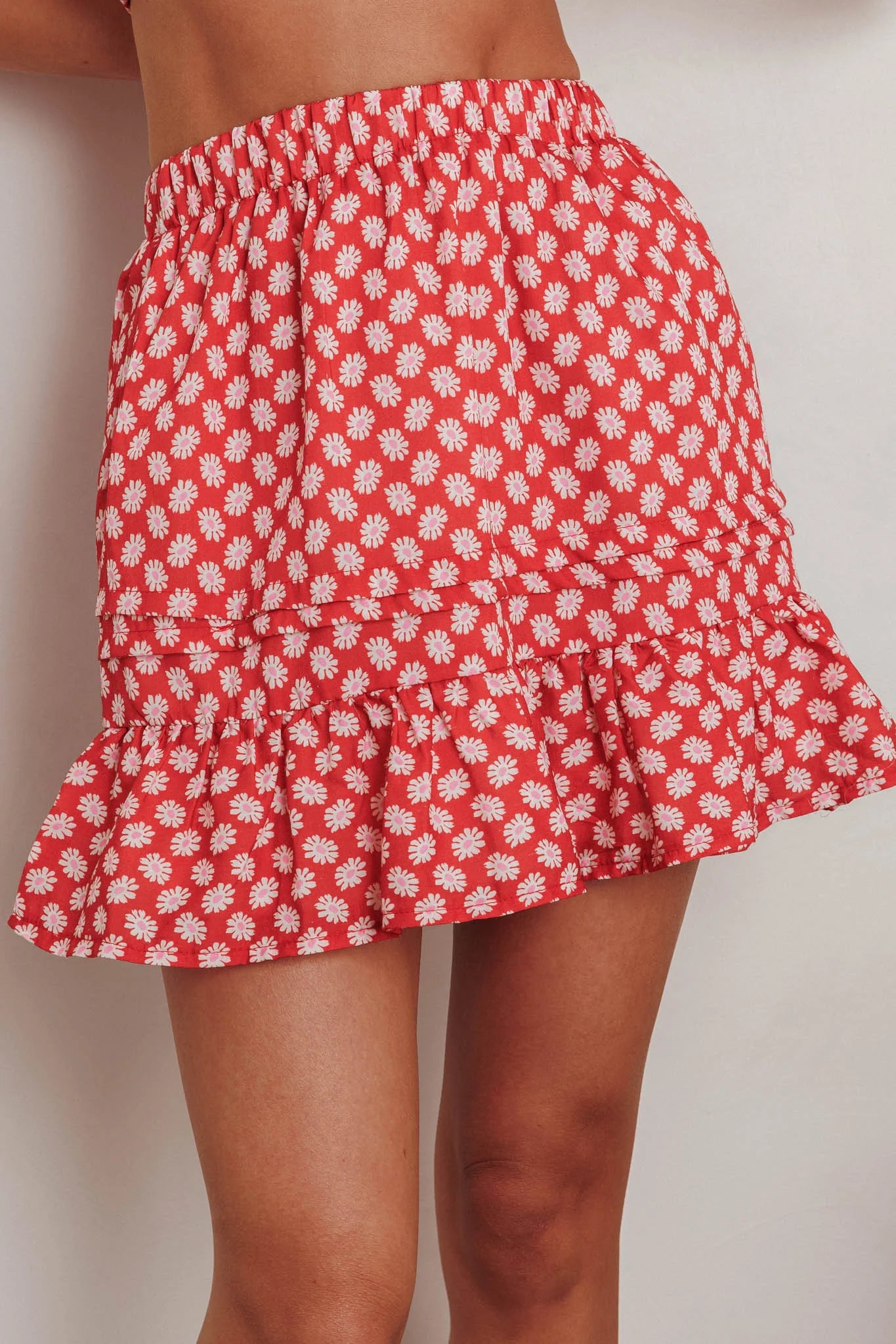 Danessa Frill Hem Pintuck Skirt Floral Red
