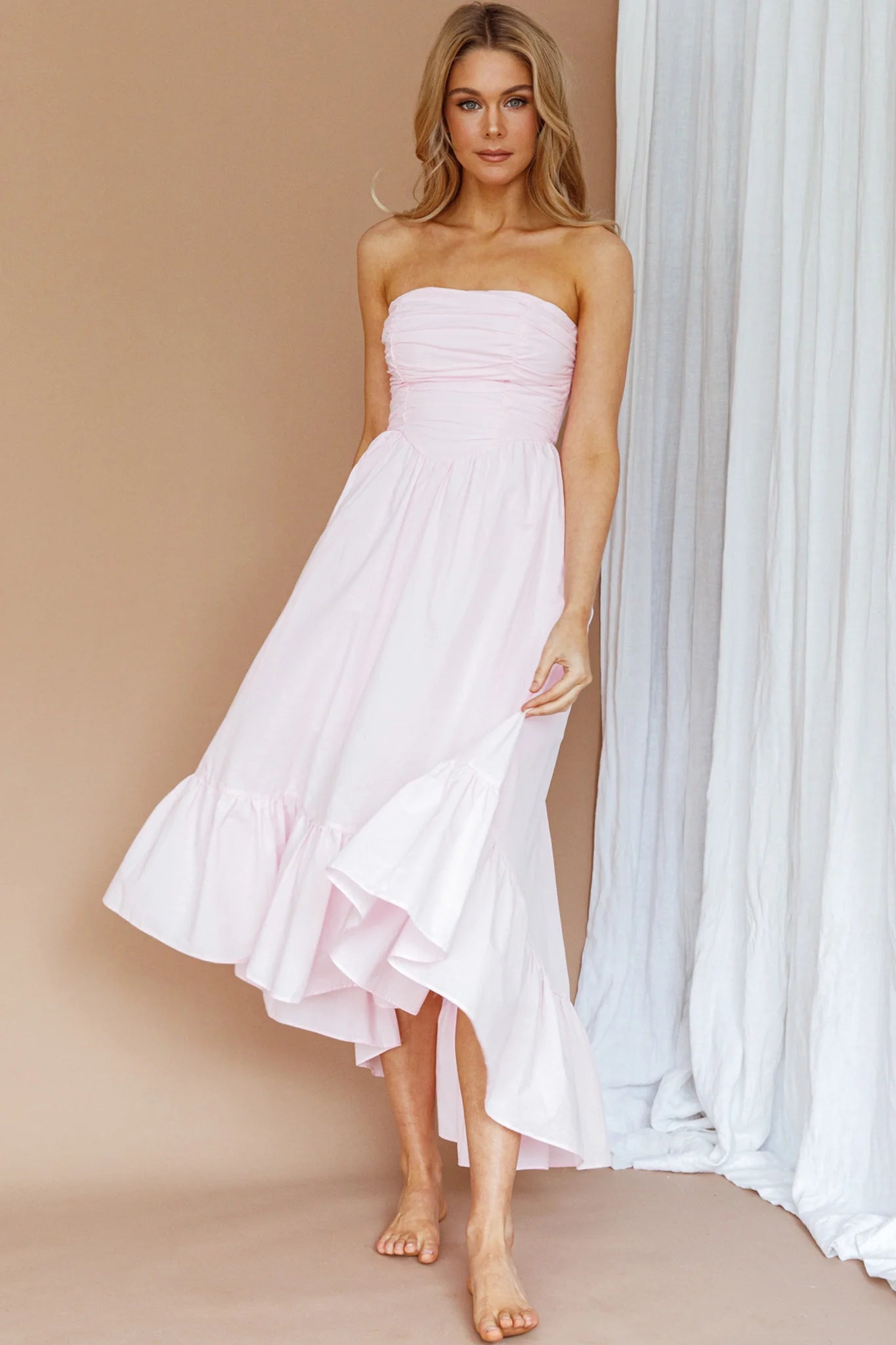 Sunday Mornings Ruched Bust Midi Dress Pink