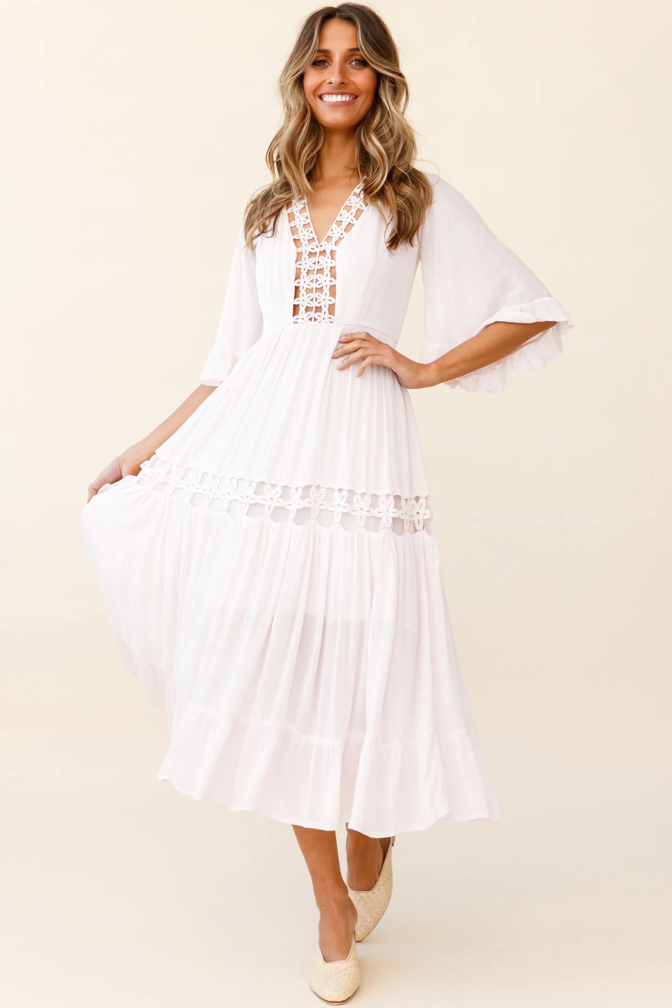 Feeling Groovy Bell Sleeve Crochet Trim Maxi Dress Pink