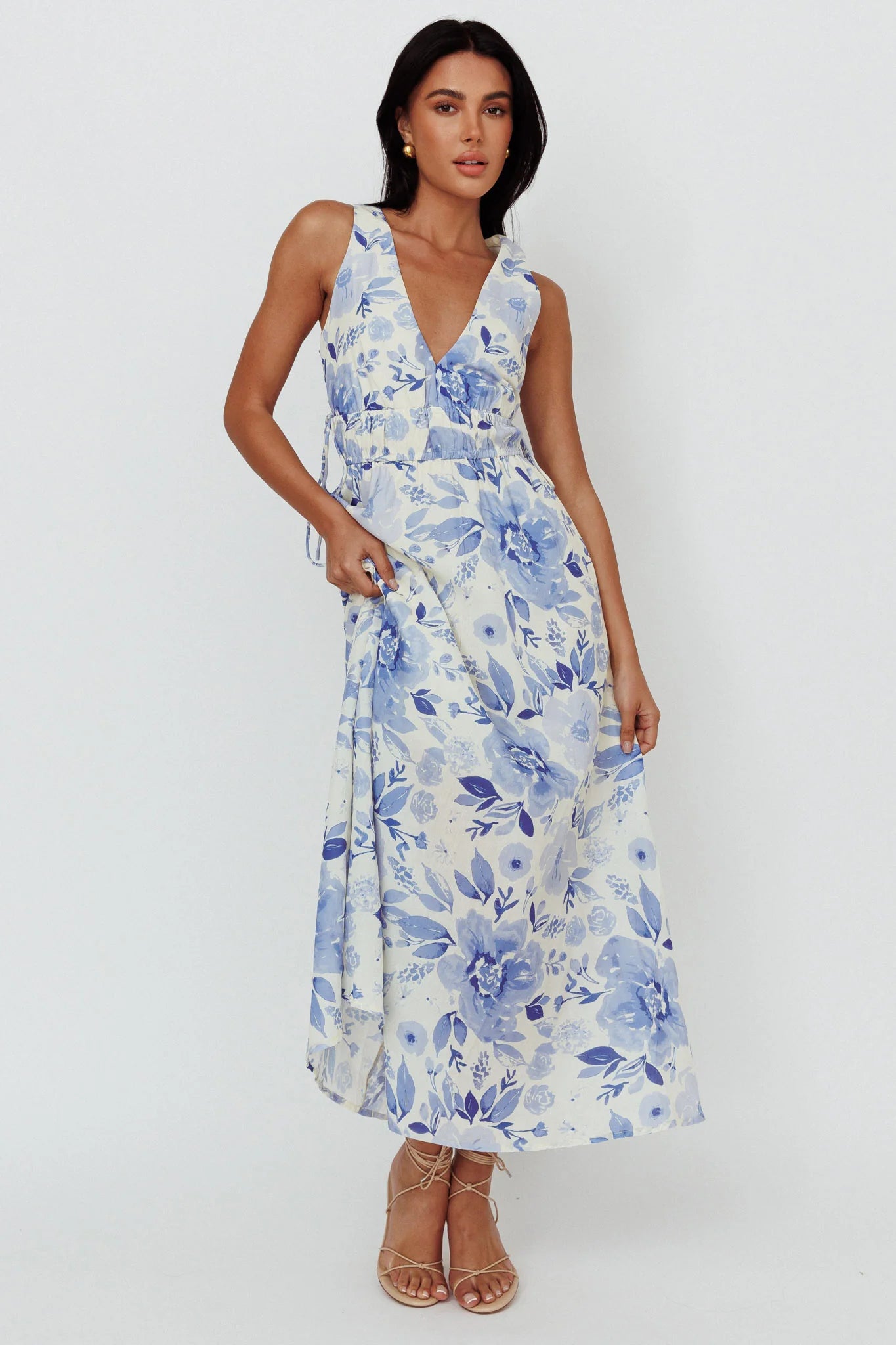Perla V-Neck Drawstring Maxi Dress Floral Blue