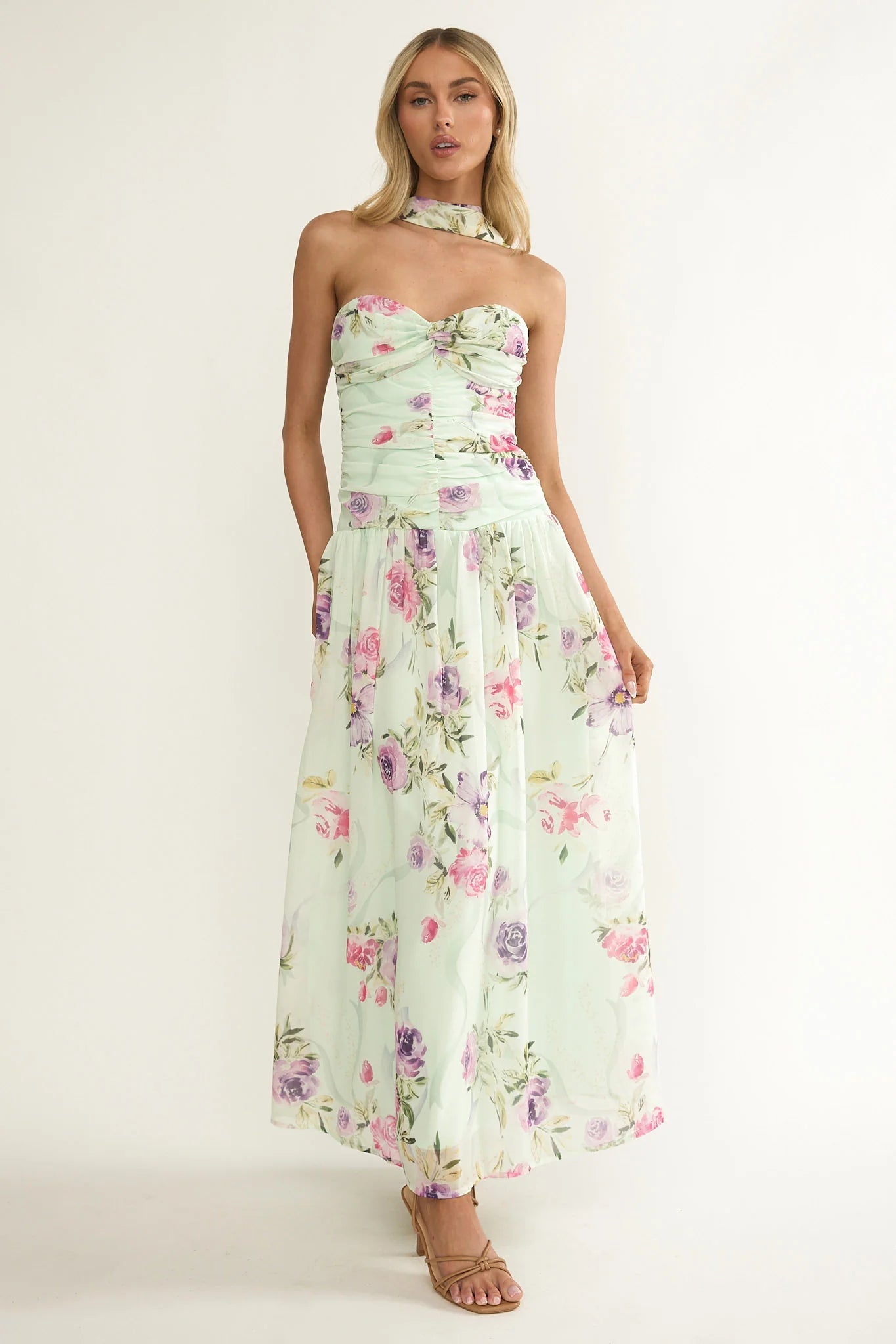 Novarra Twist Bust Strapless Maxi Dress Floral Mint