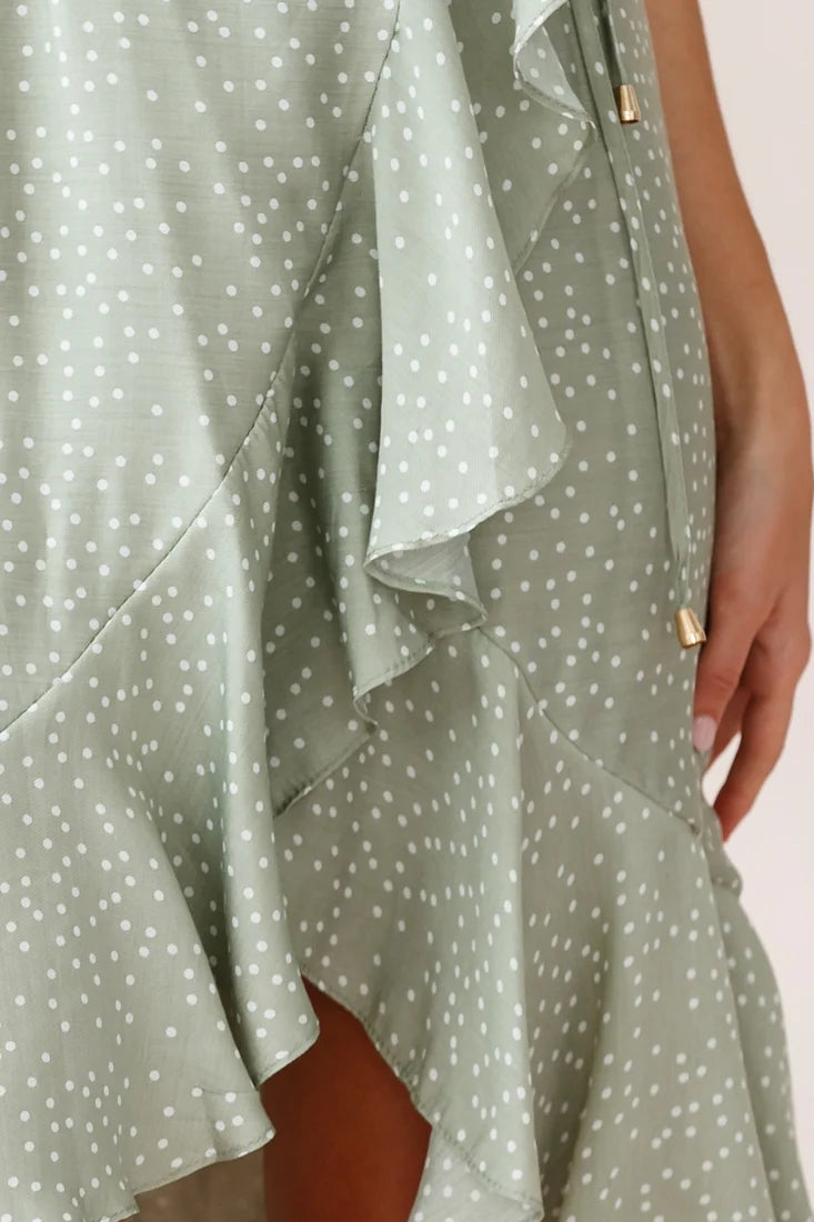 Blessed Wrap Ruffle Hem Midi Dress Dot Print Olive