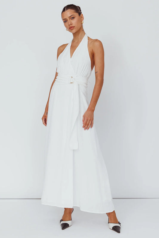 Spring Feels Halterneck Belt Maxi Dress White