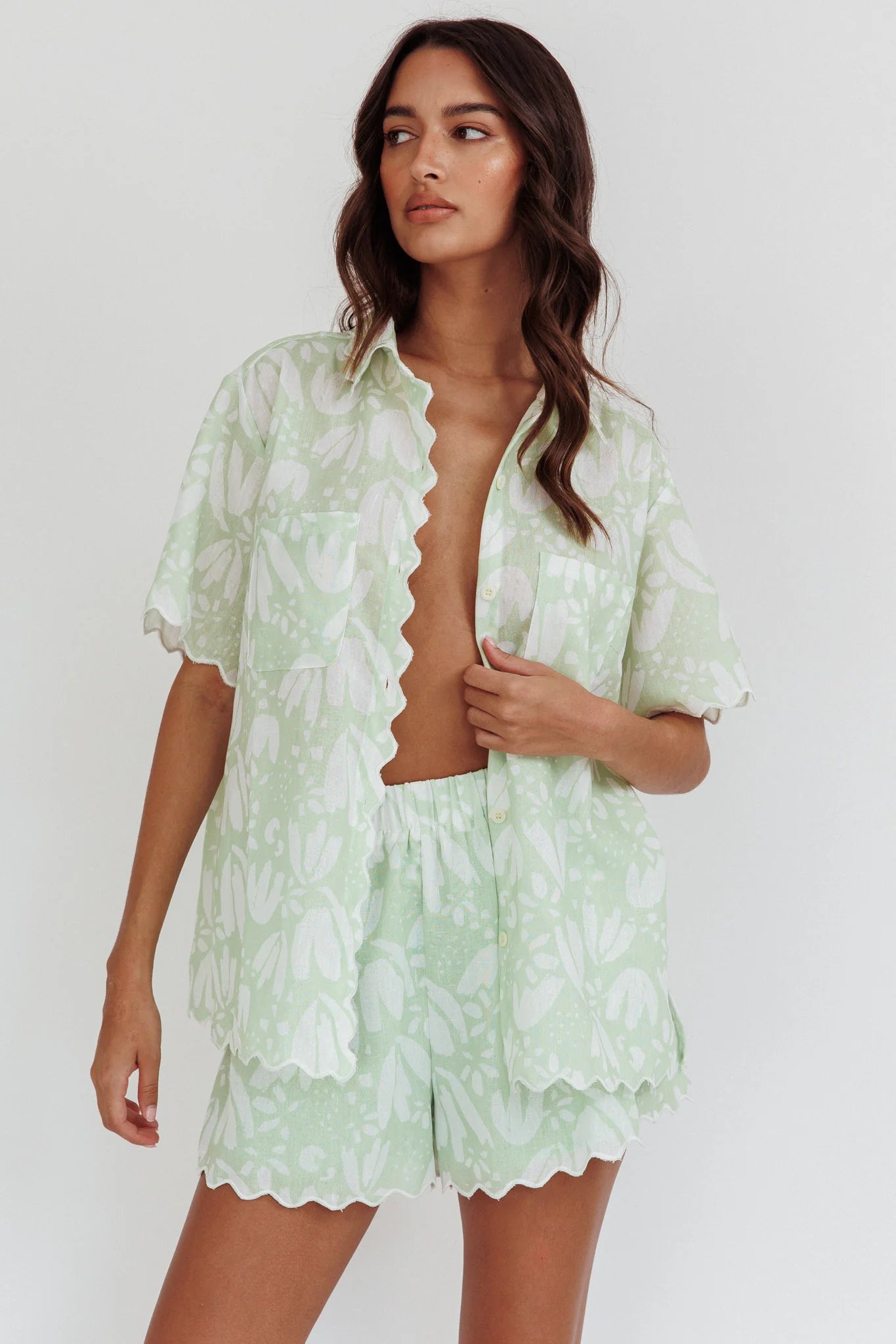 Swing Of Things Scalloped Elastic Waist Shorts Print Sage