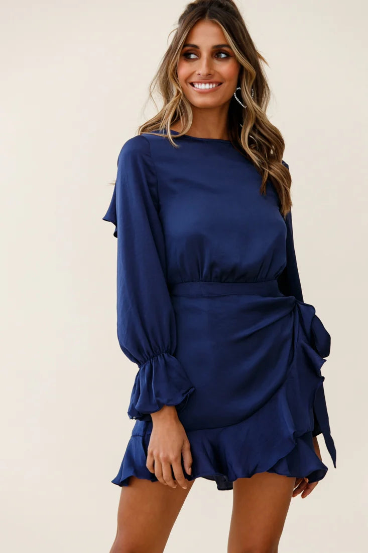 Darla Long Sleeve Satin Dress Navy
