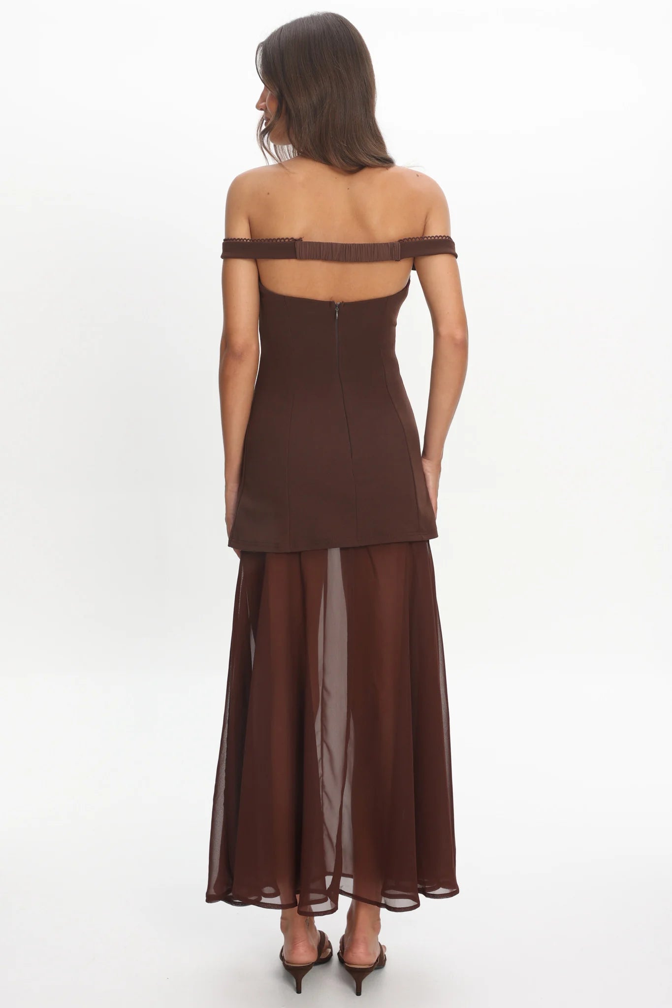 Opulent Off-Shoulder Sheer Hem Maxi Dress Chocolate