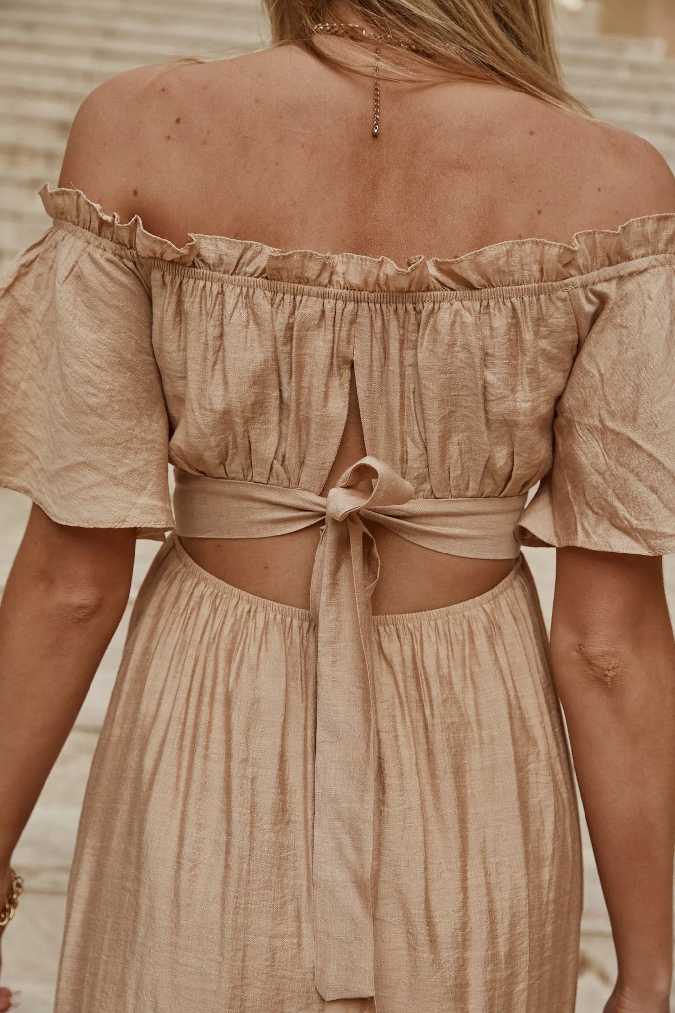 Dandelion Off-Shoulder Tied Back Midi Dress Sand
