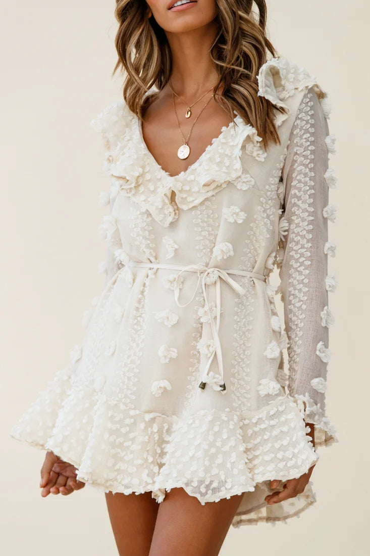 Georgie Long Sleeve Frill Neckline Embellished Chiffon Dress Beige