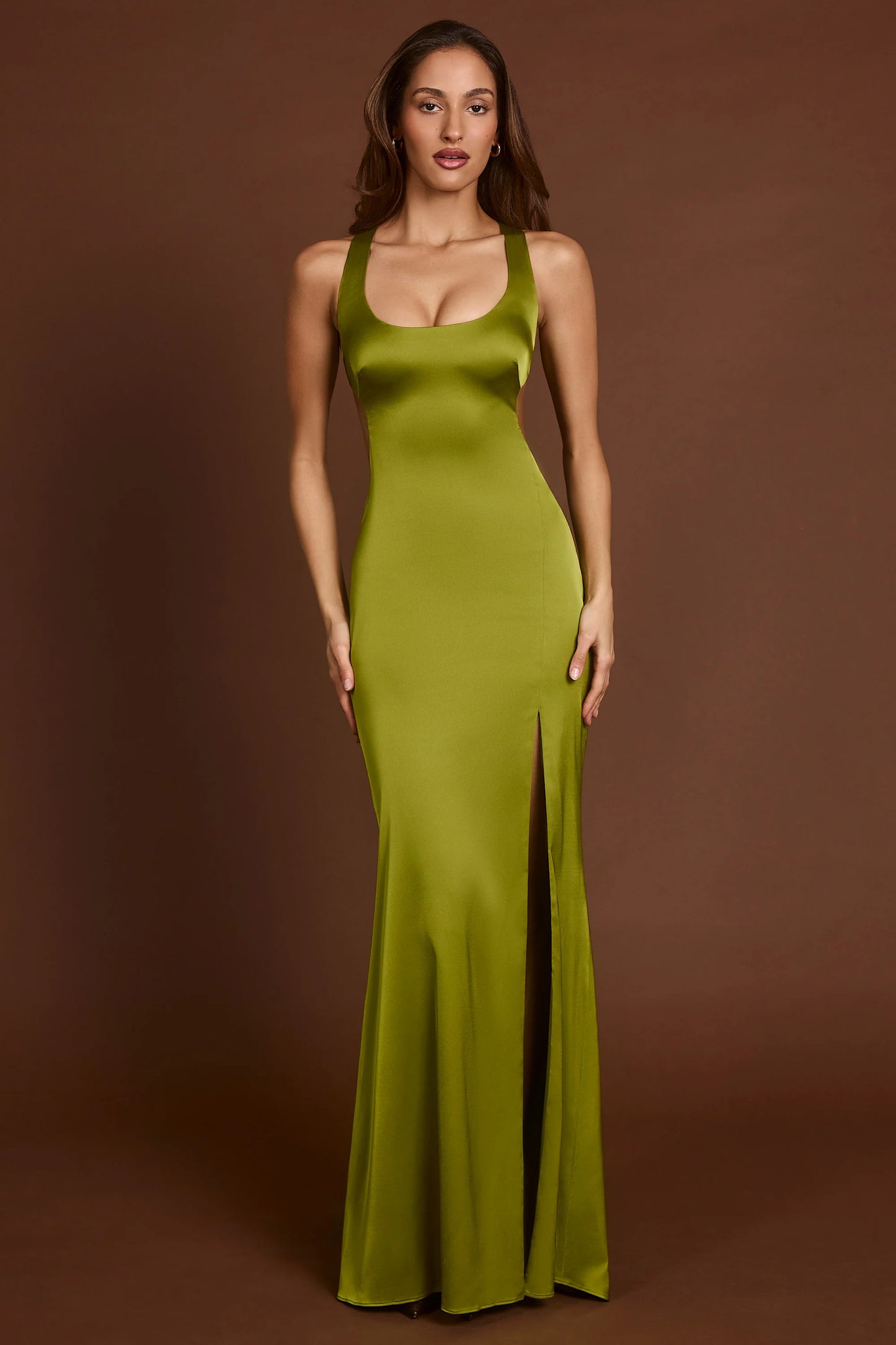 Scoop-Neck Lace-up Back Maxi Dress in Olive Green