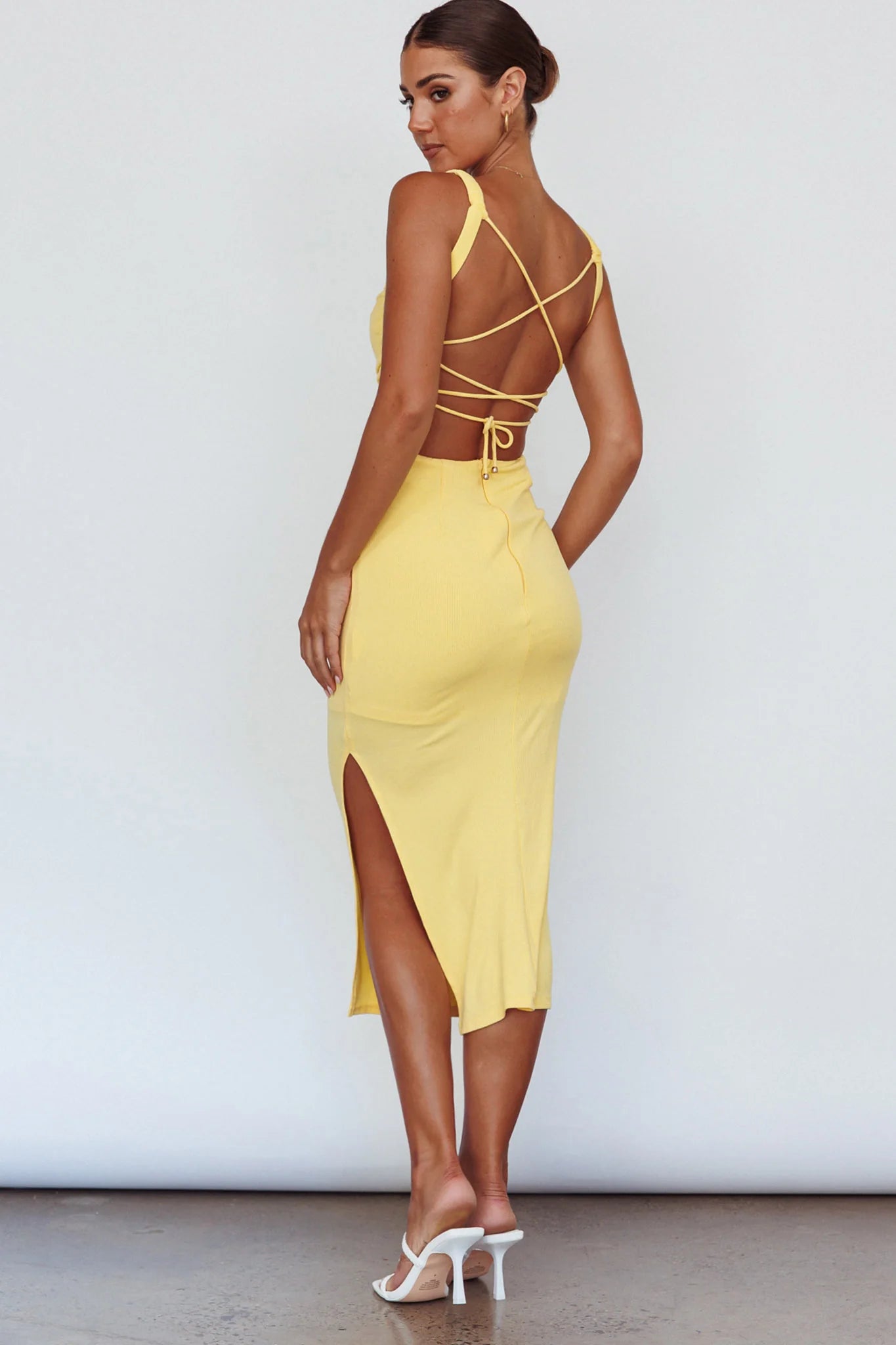 Dream Crush Lace-Up Back Side Split Midi Dress Yellow