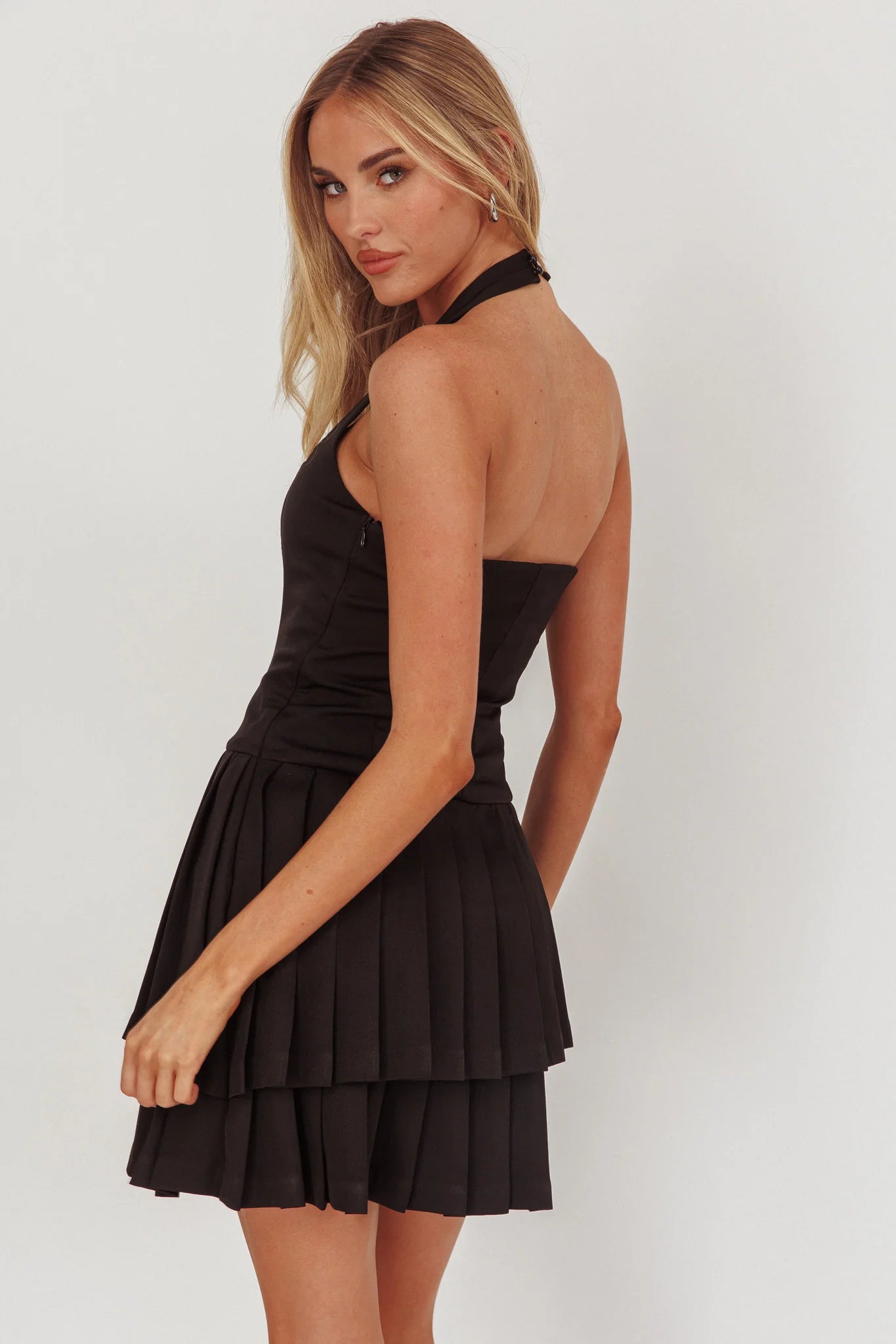 Serendipitous Halterneck Pleat Mini Dress