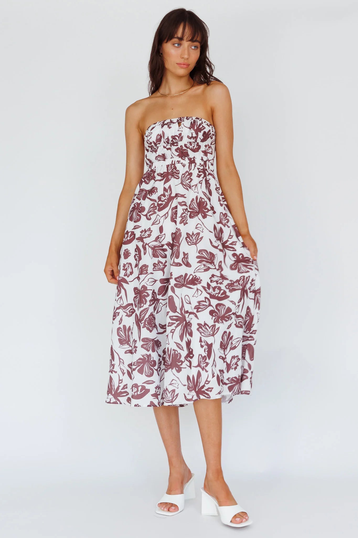 Caloundra Strapless Midi Dress Floral Walnut