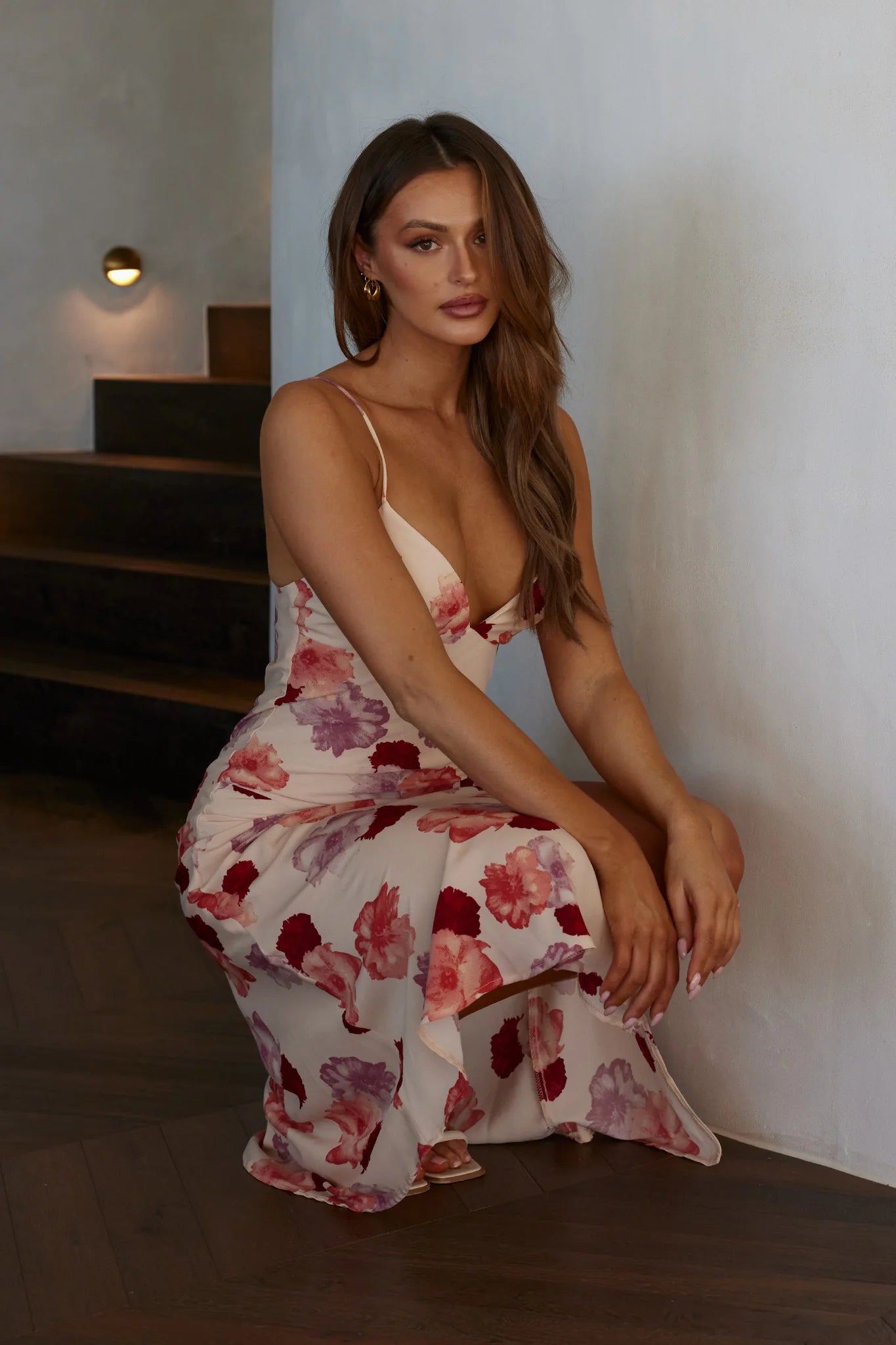 Downtown Cami Strap Front Split Midi Dress Flower Rose