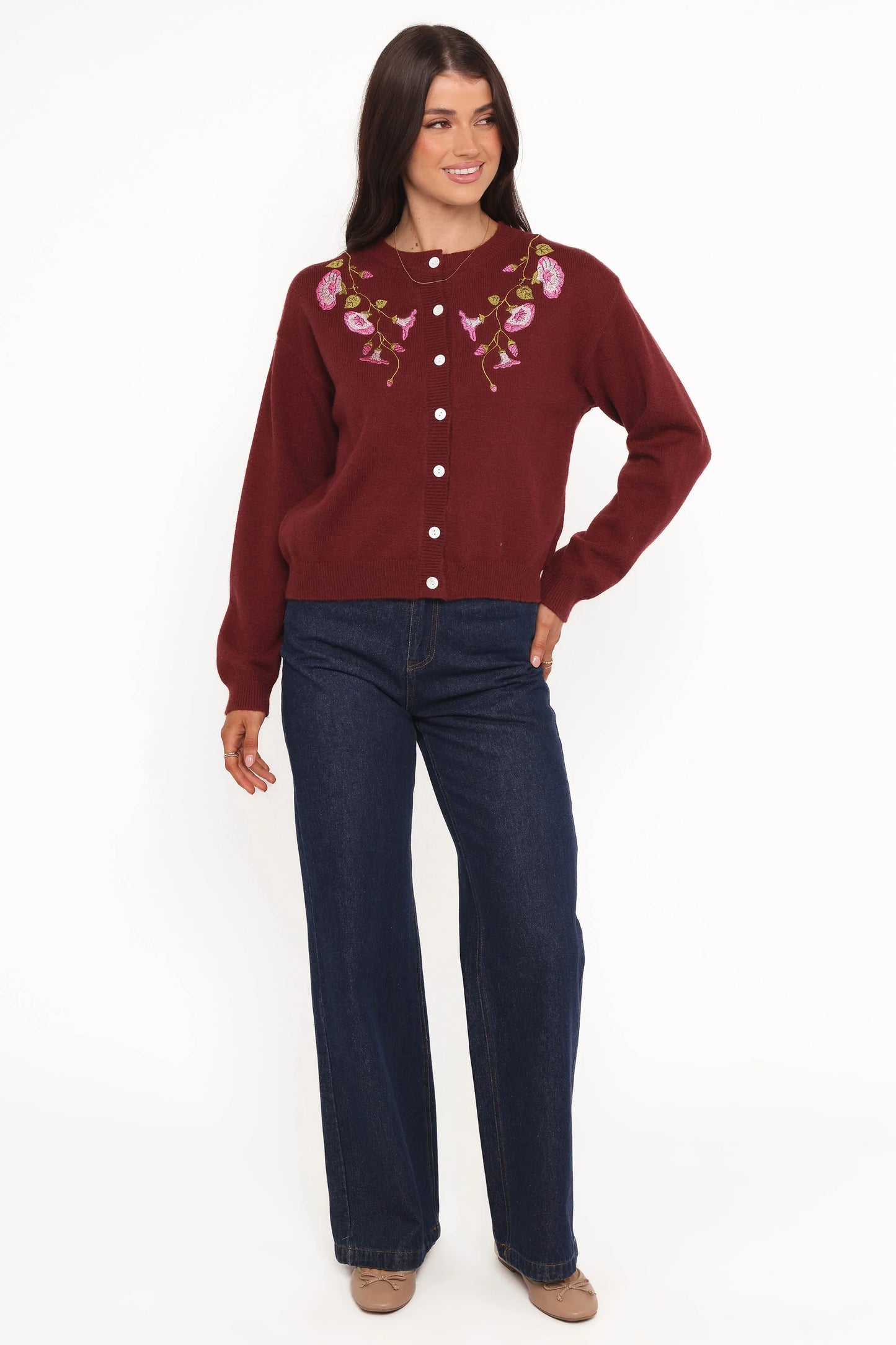 Brittany Placed Embroidery Flower Cardigan - Burgundy