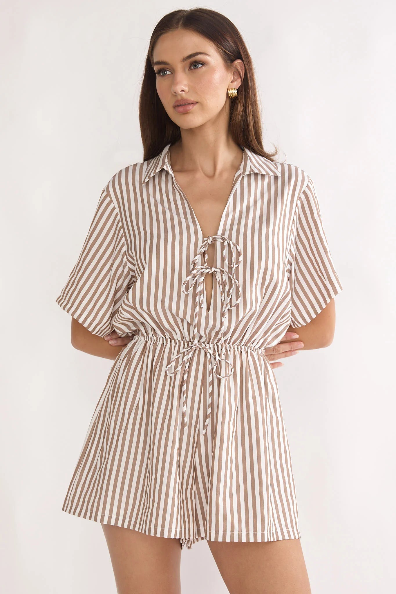 Devon Tie Front Romper Stripe Chocolate