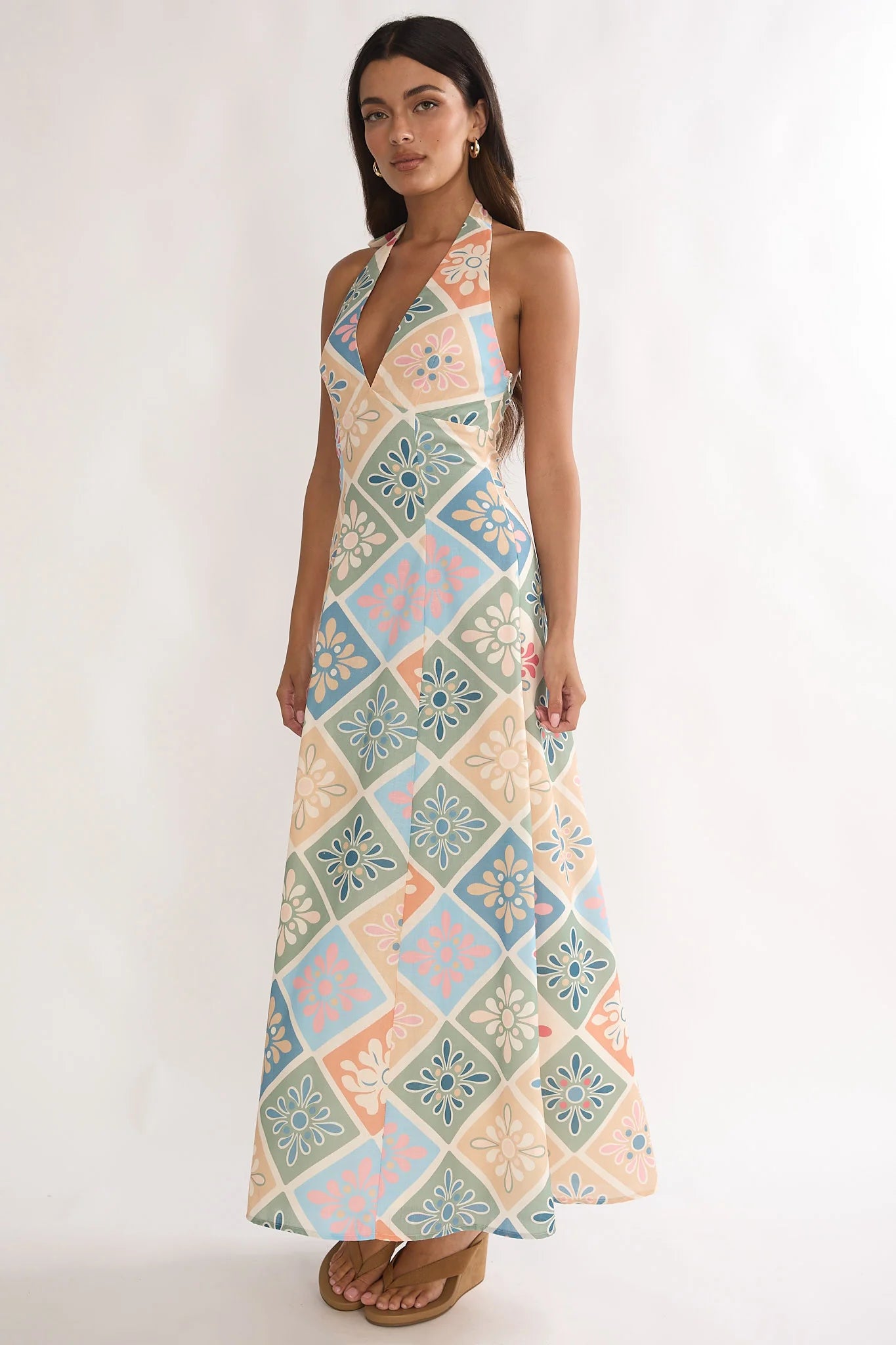 Nolara A-Line Halterneck Maxi Dress Green Multi