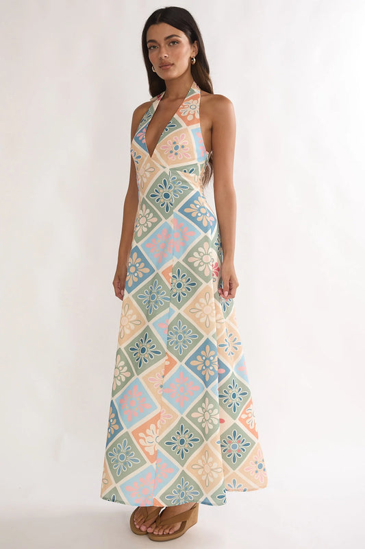 Nolara A-Line Halterneck Maxi Dress Green Multi