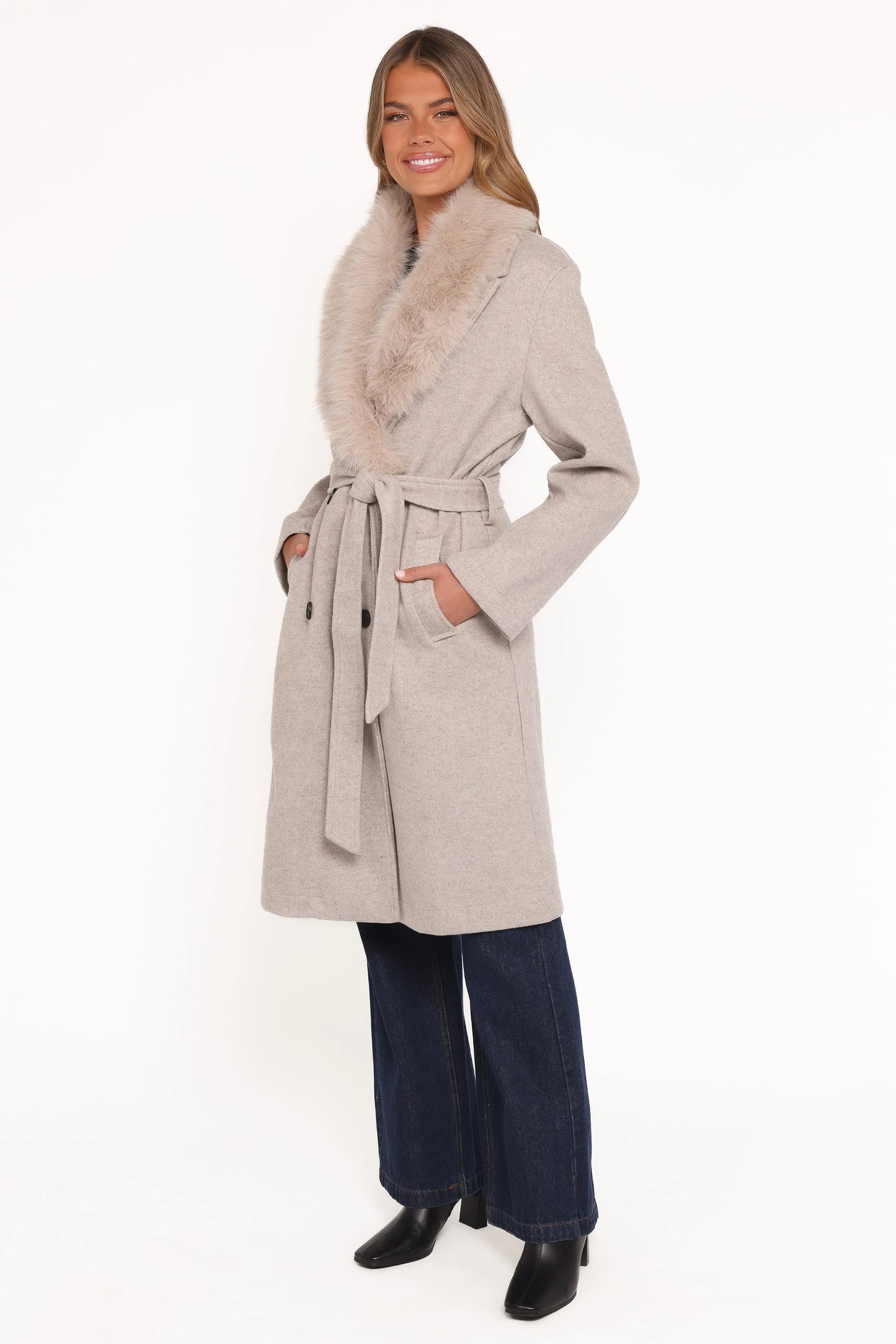 Nina Fur Collar Tie Waist Coat - Cream