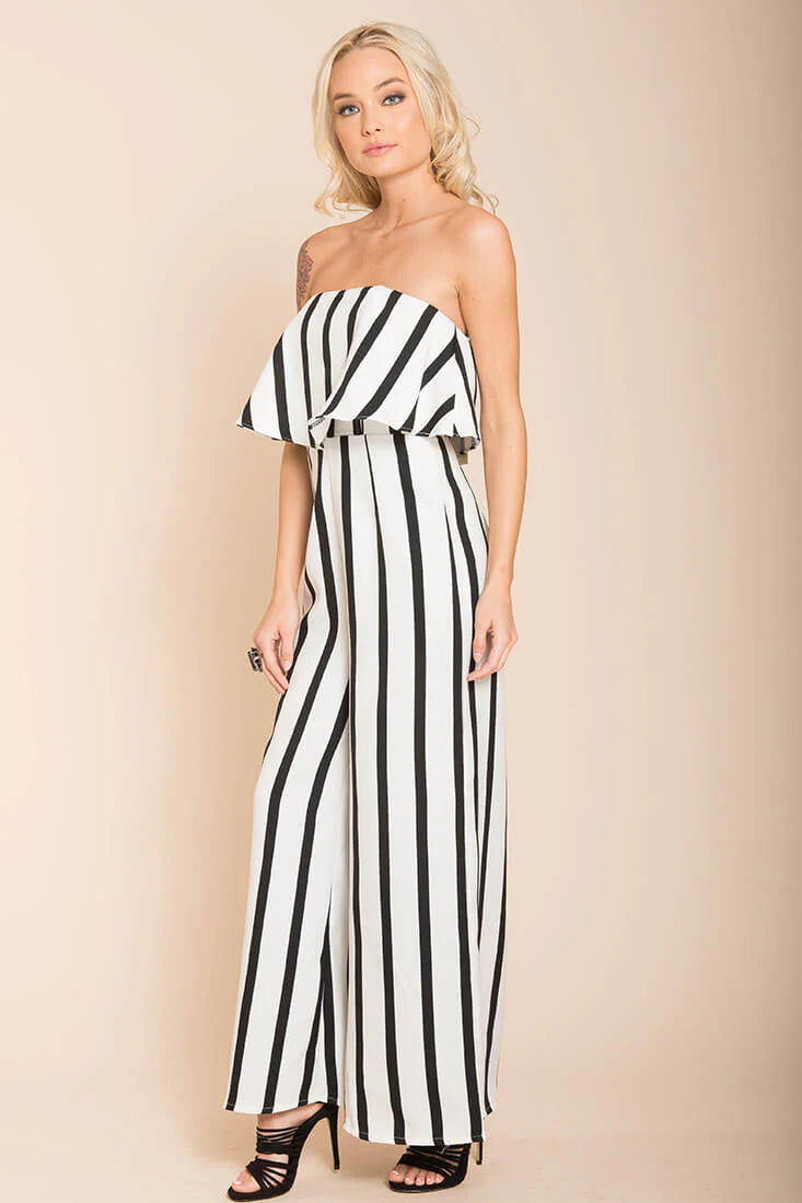 Posh Pin Stripe Ruffle Jumpsuit White