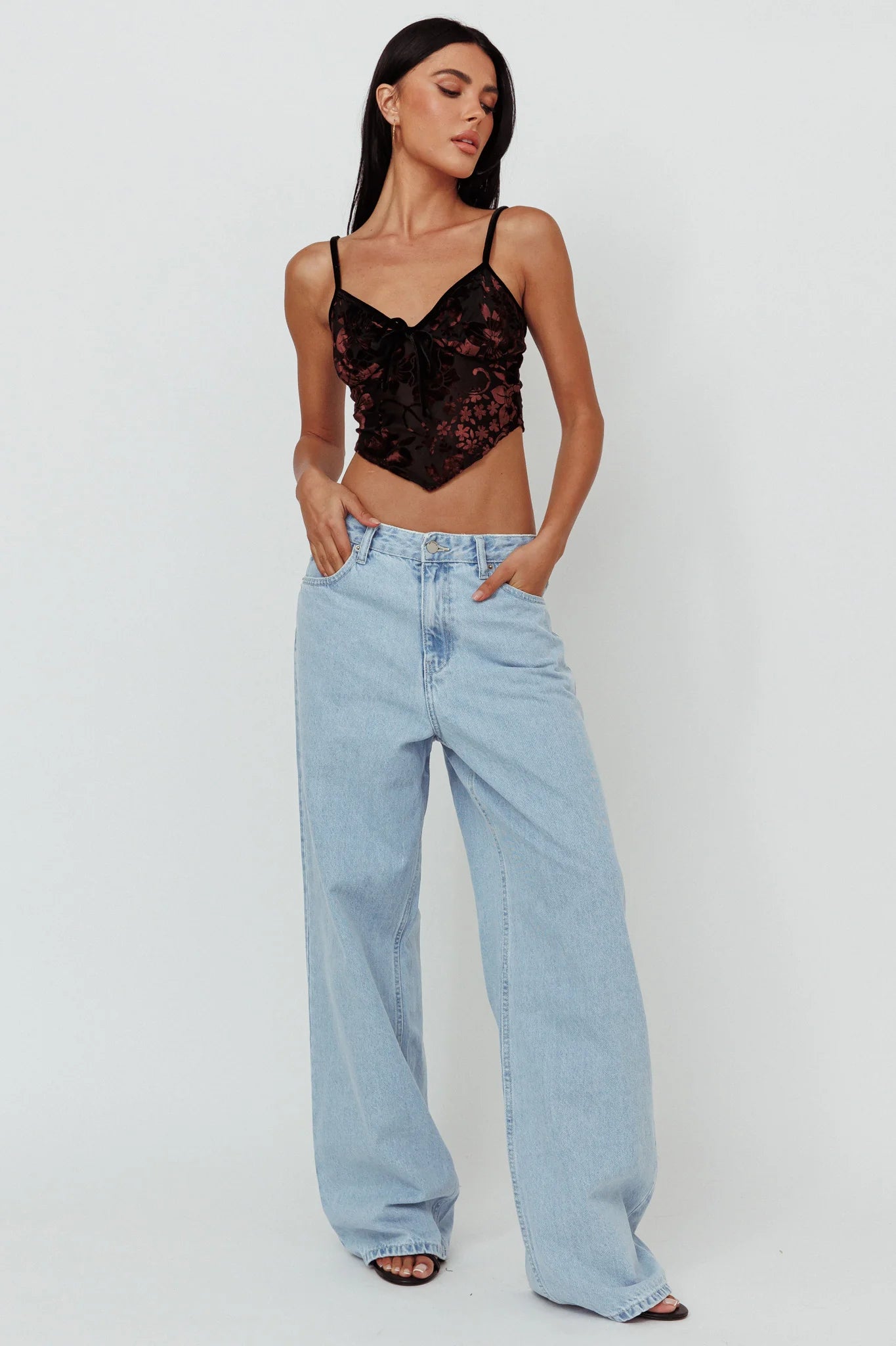 Caught Feelings Floral Velour Crop Top Black/Brown