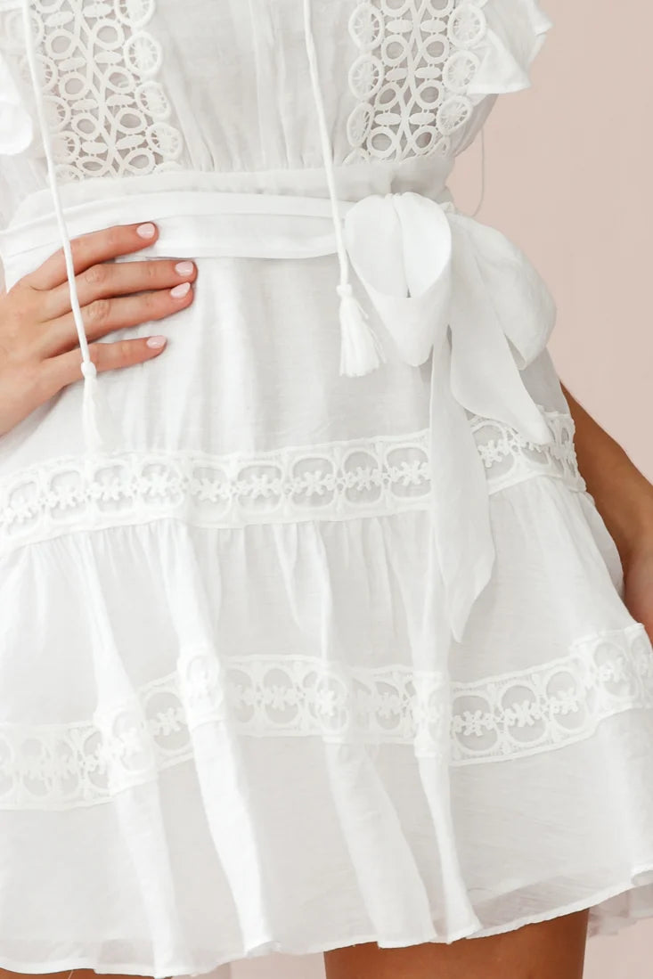 Sheridan Double Frill Sleeve Crochet Detail Dress White