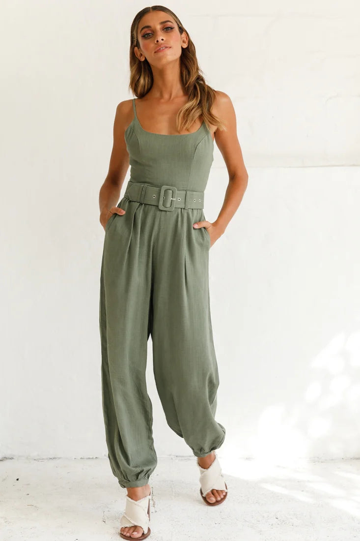 Santa Barbara Cuffed Hem Belted Jumpsuit Olive