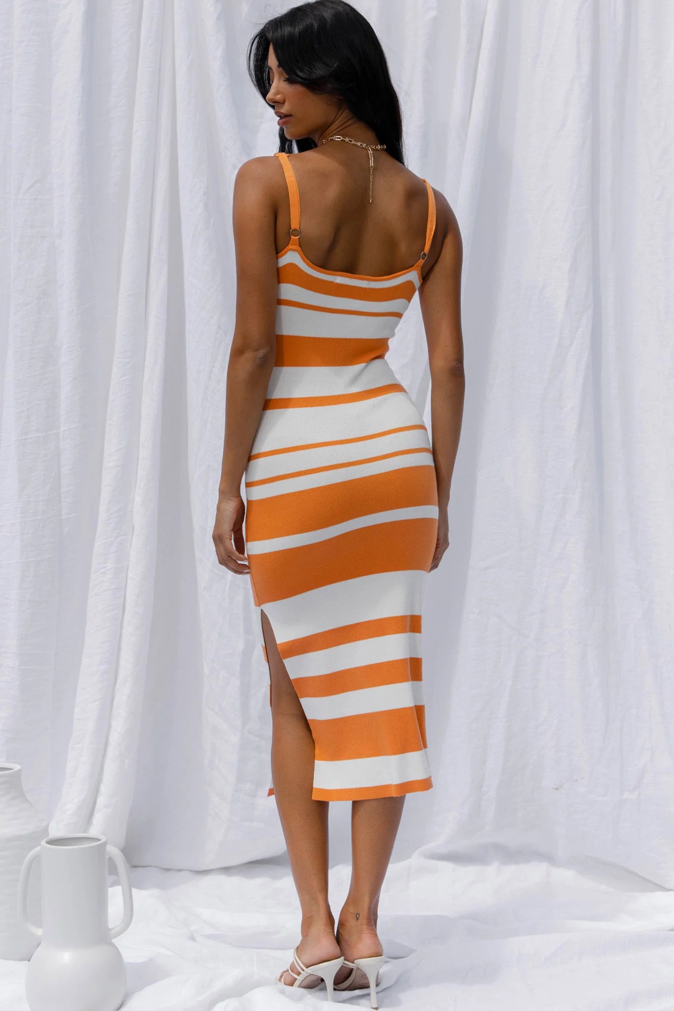 Dayana Cut-Out Waist Side Split Knit Midi Dress Striped Orange