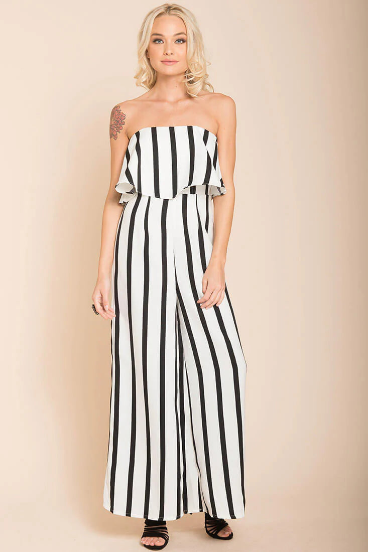 Posh Pin Stripe Ruffle Jumpsuit White